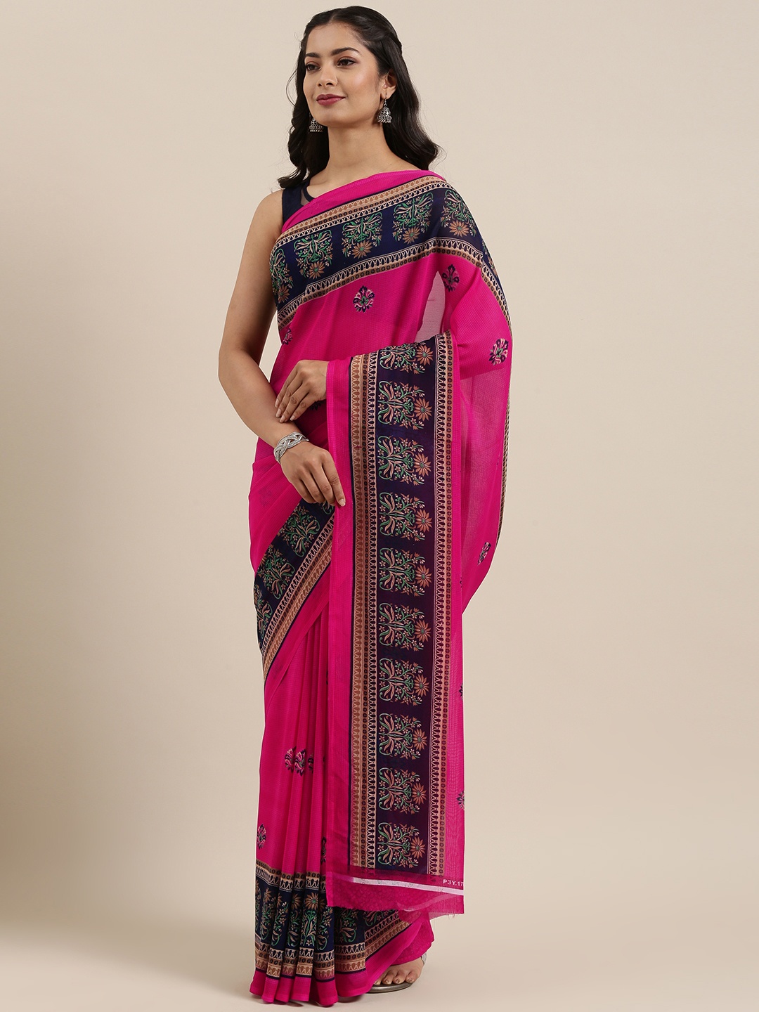 

KALINI Pink & Navy Blue Poly Georgette Printed Saree