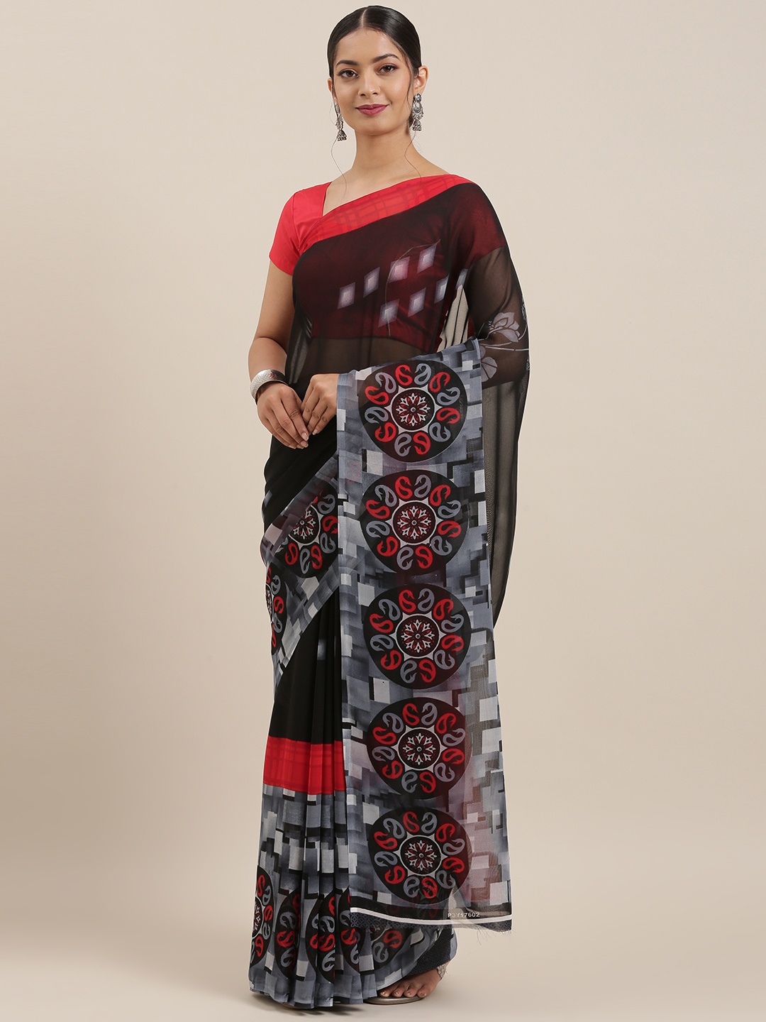 

ANAND SAREES Black & Grey Poly Georgette Printed Saree