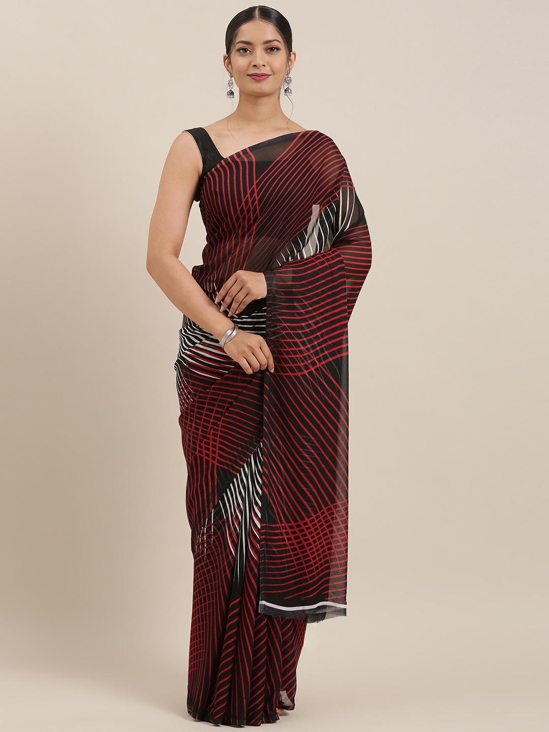 

Moda Rapido Black & Red Poly Georgette Striped Saree