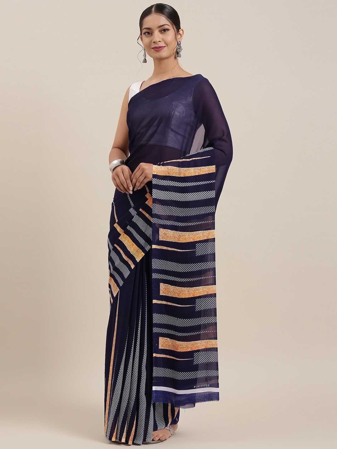

KALINI Navy Blue Striped Poly Georgette Saree
