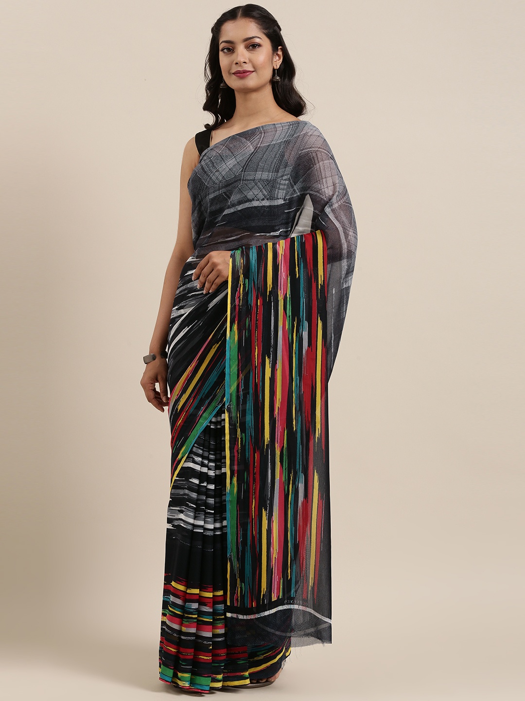 

ANAND SAREES Grey & Red Striped Saree