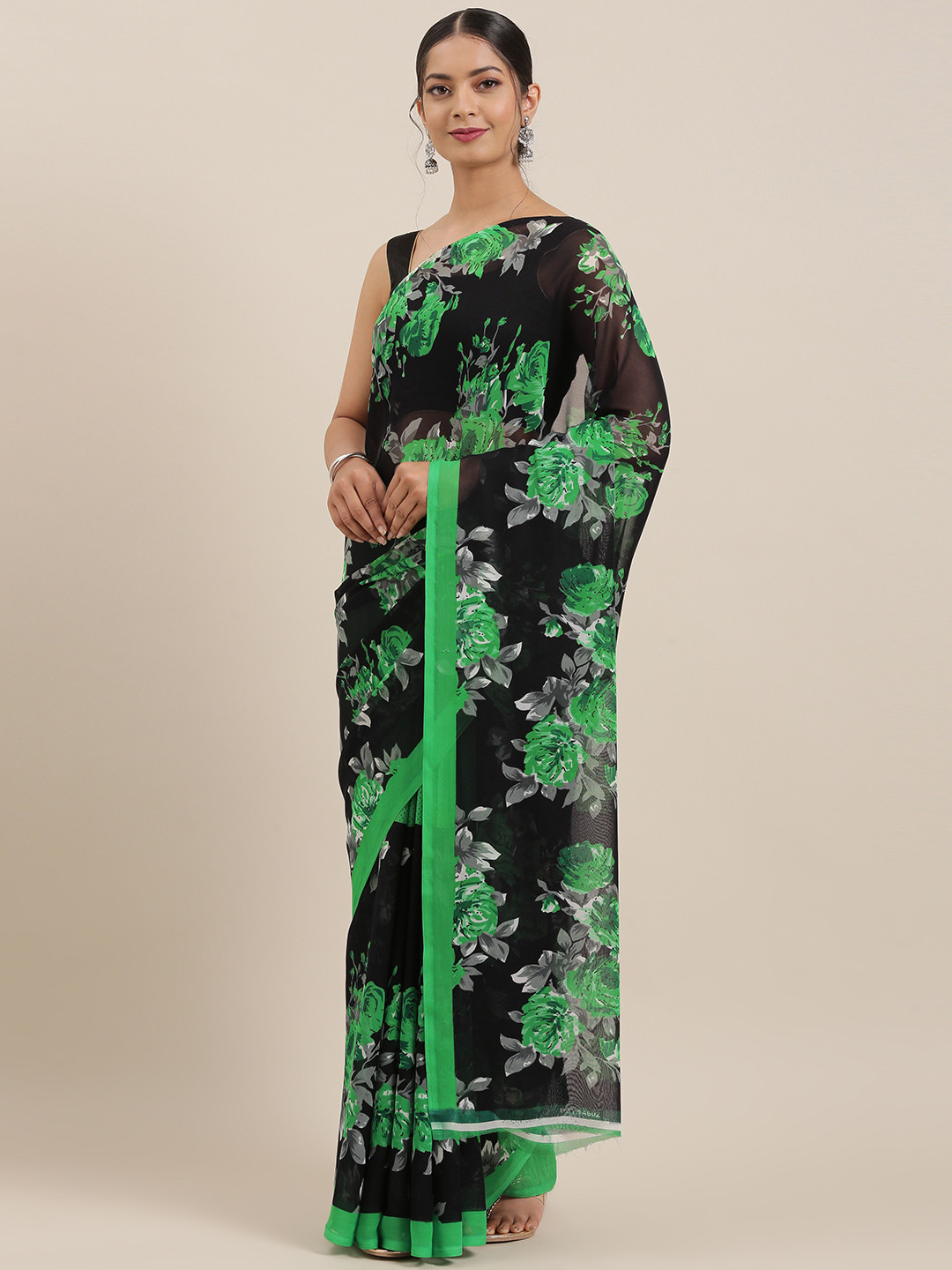 

Moda Rapido Green & Black Poly Georgette Printed Saree