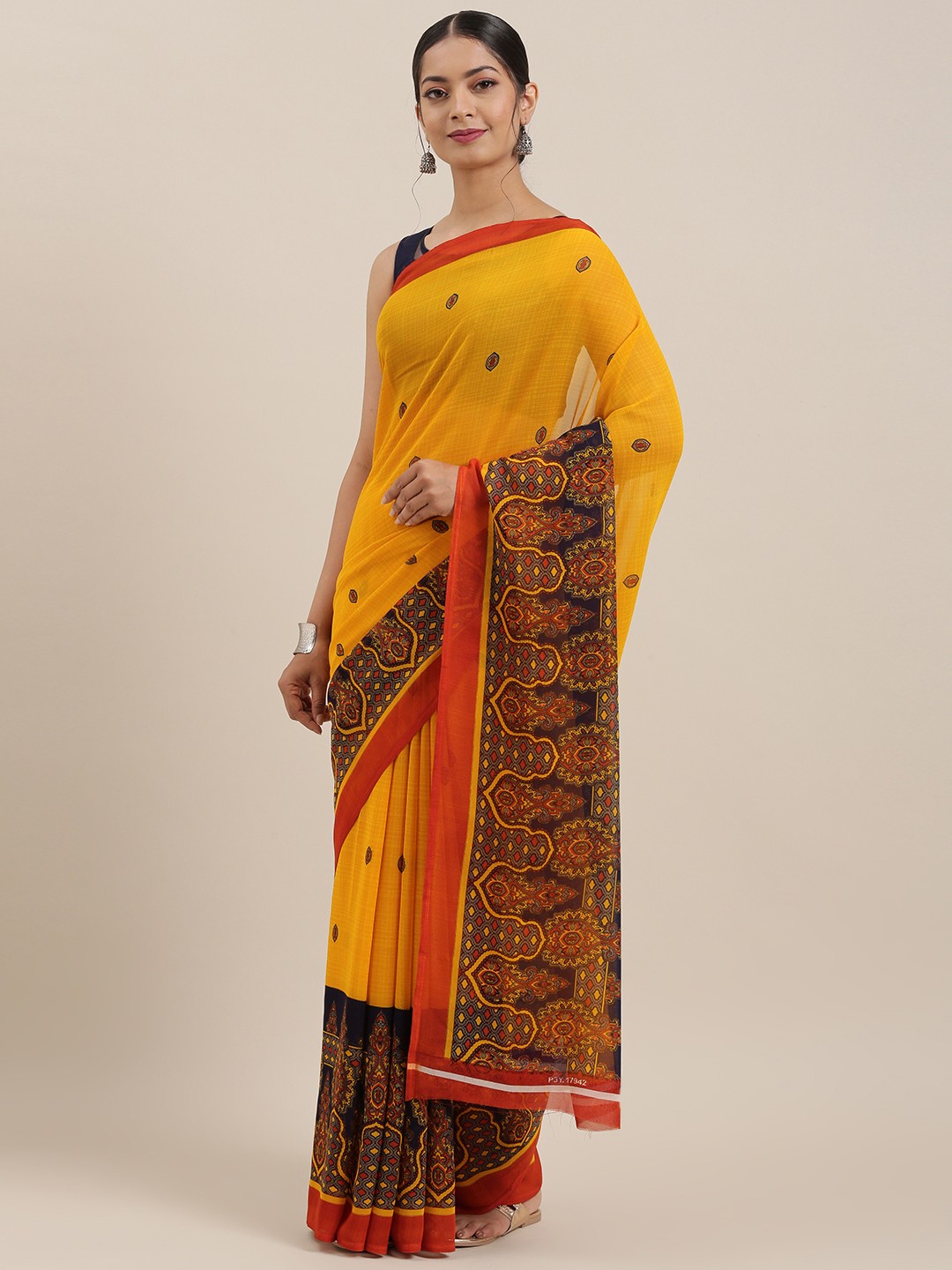 

ANAND SAREES Yellow & Navy Blue Poly Georgette Printed Saree