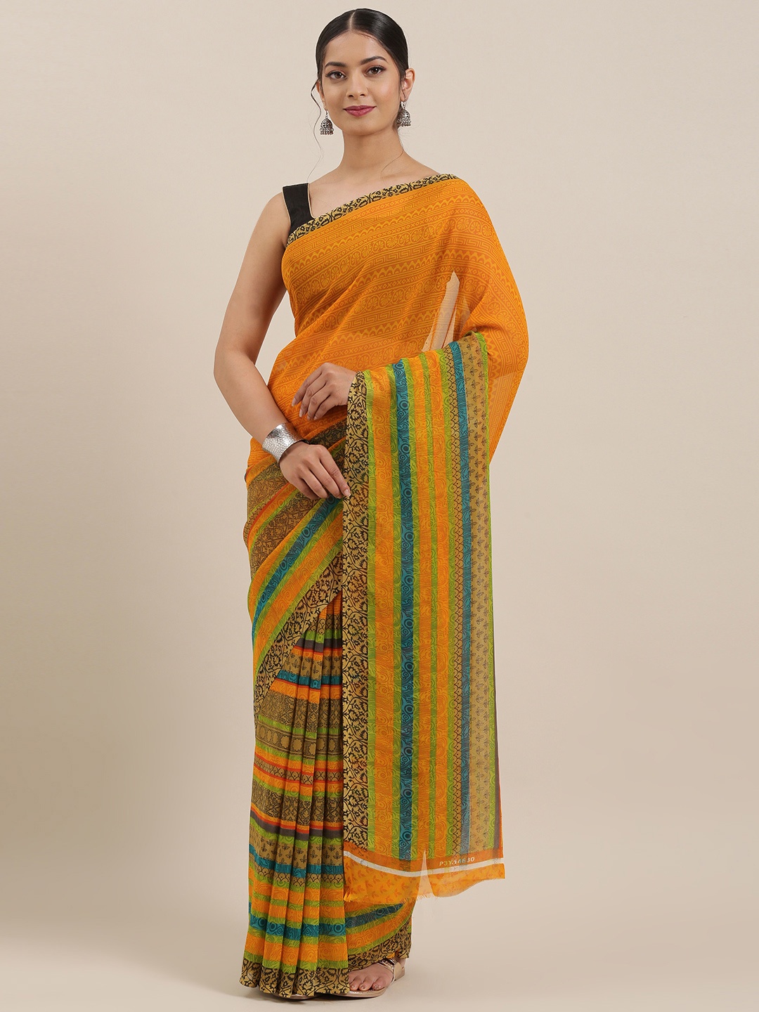 

Moda Rapido Mustard & Green Poly Georgette Printed Saree