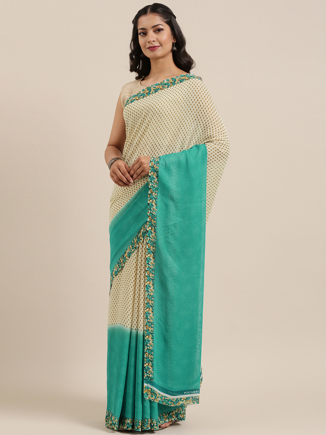 

ANAND SAREES Cream-Coloured & Sea Green Printed Saree