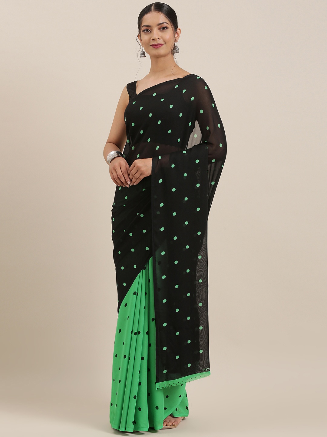 

Moda Rapido Black & Green Poly Georgette Printed Saree