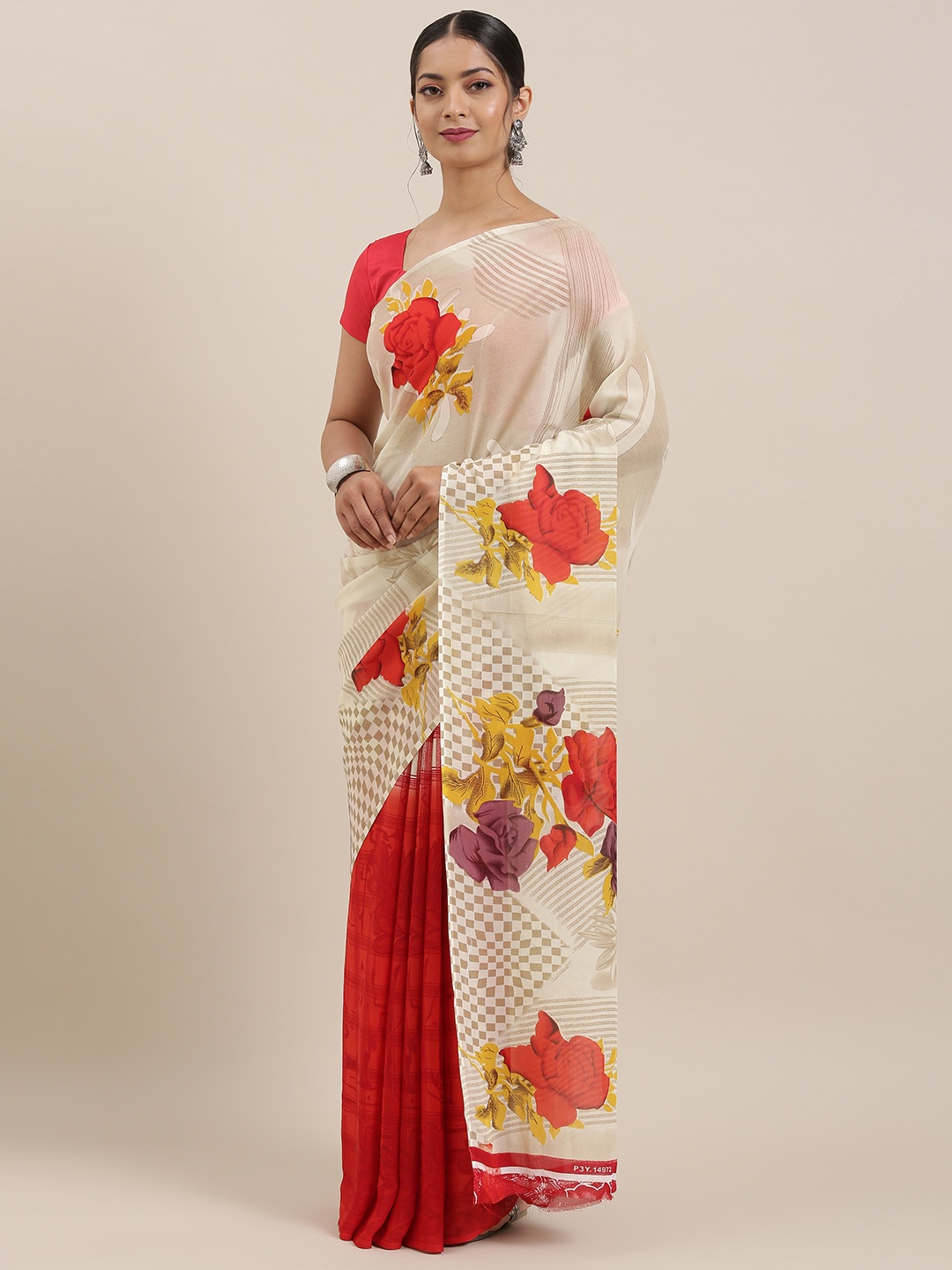 

ANAND SAREES White & Red Poly Georgette Printed Saree