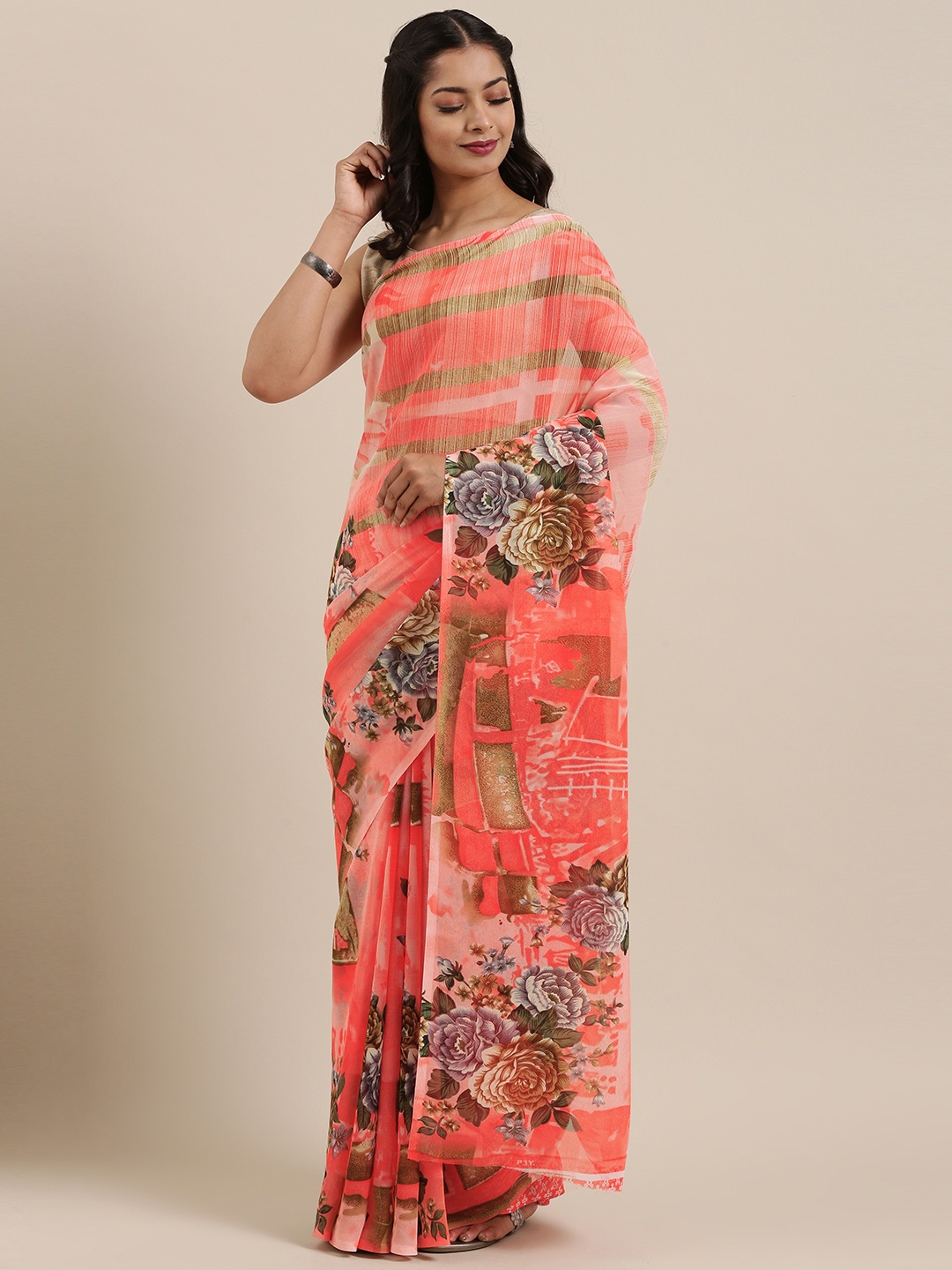 

ANAND SAREES Coral Pink & Beige Poly Georgette Printed Saree