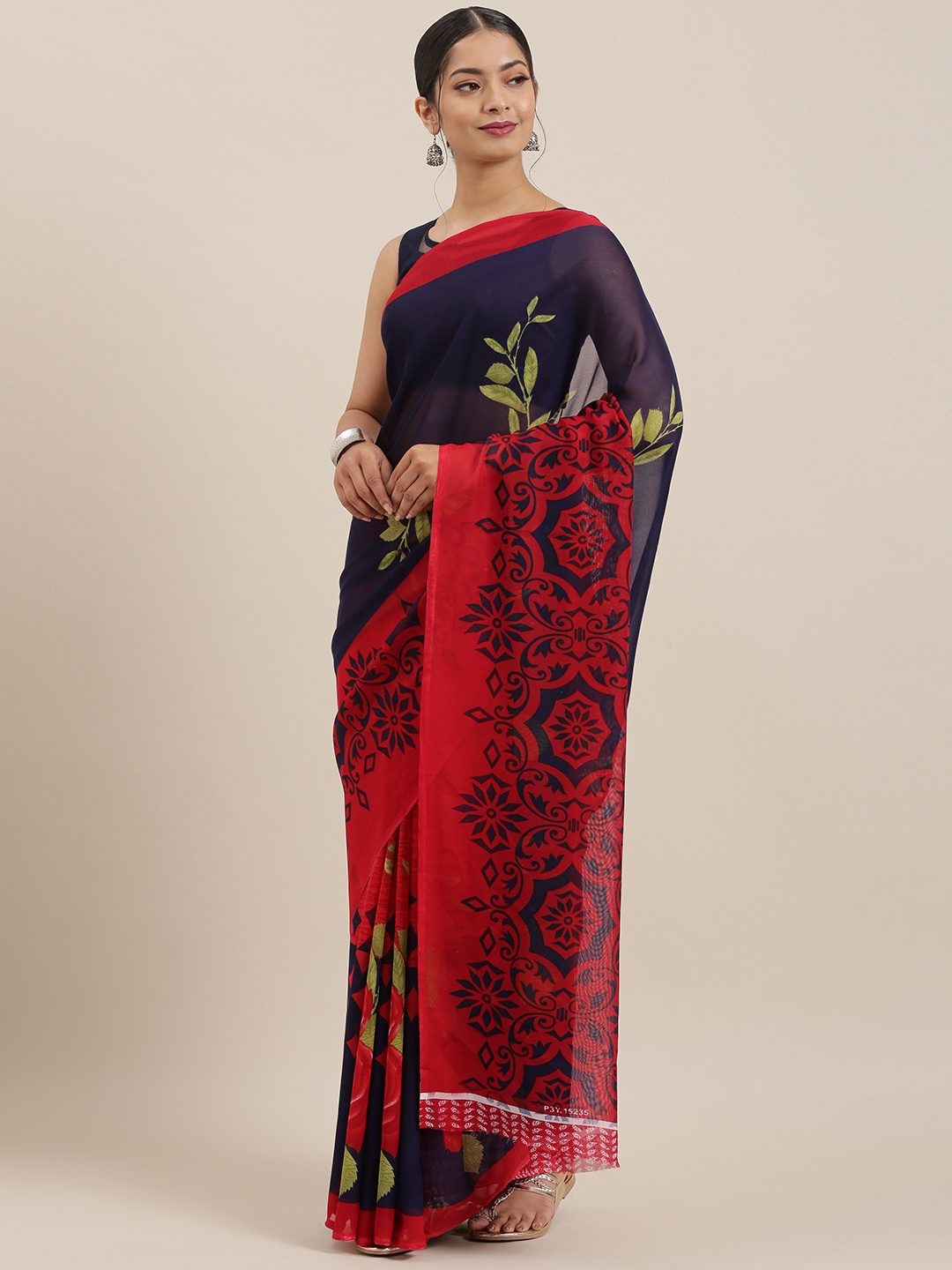 

ANAND SAREES Navy Blue & Red Poly Georgette Printed Saree