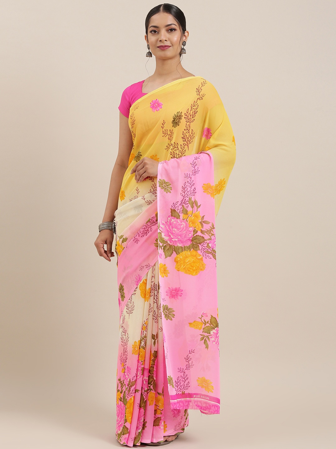 

ANAND SAREES Yellow & Pink Poly Georgette Printed Saree