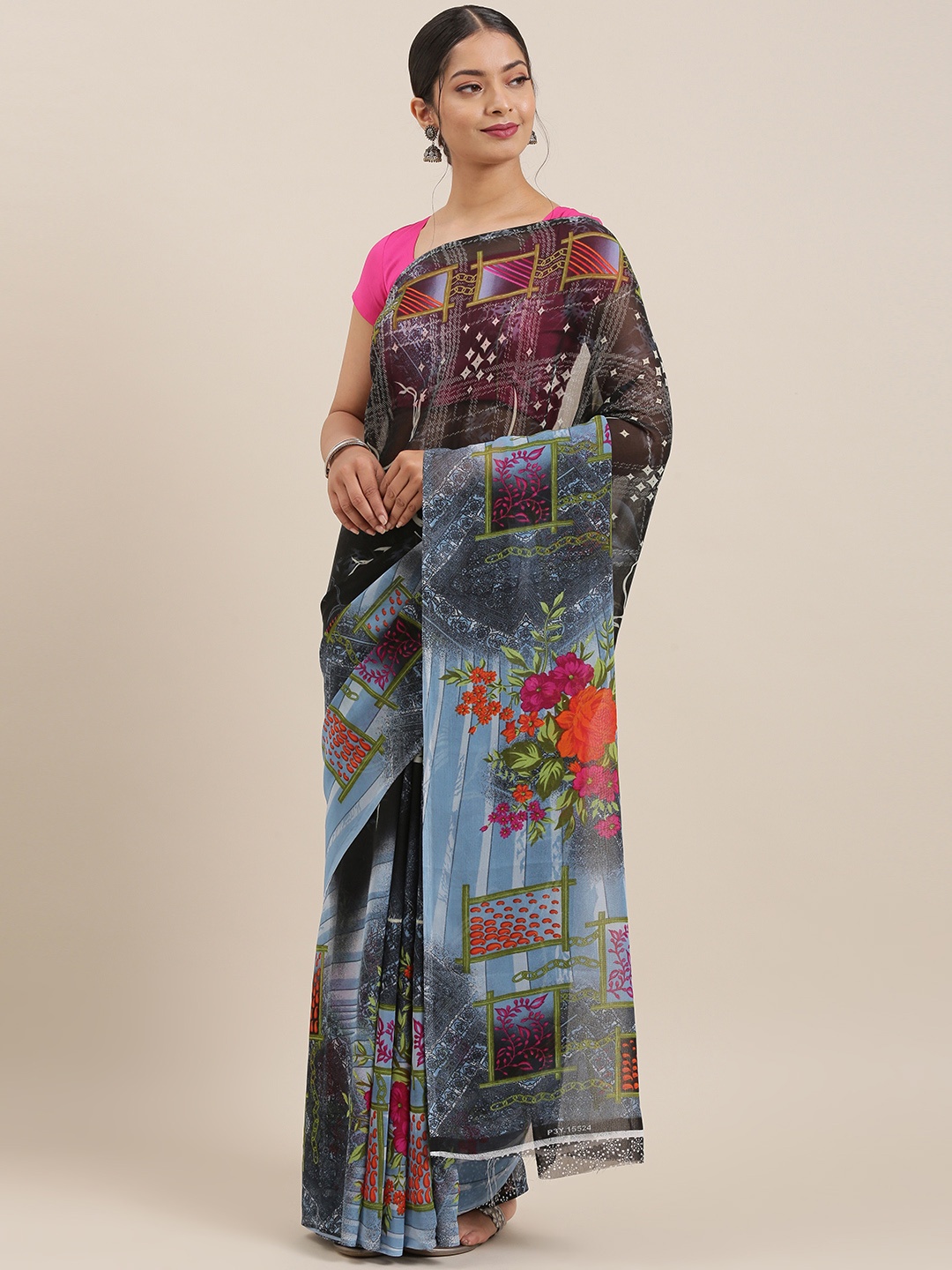 

ANAND SAREES Black & Blue Poly Georgette Printed Saree