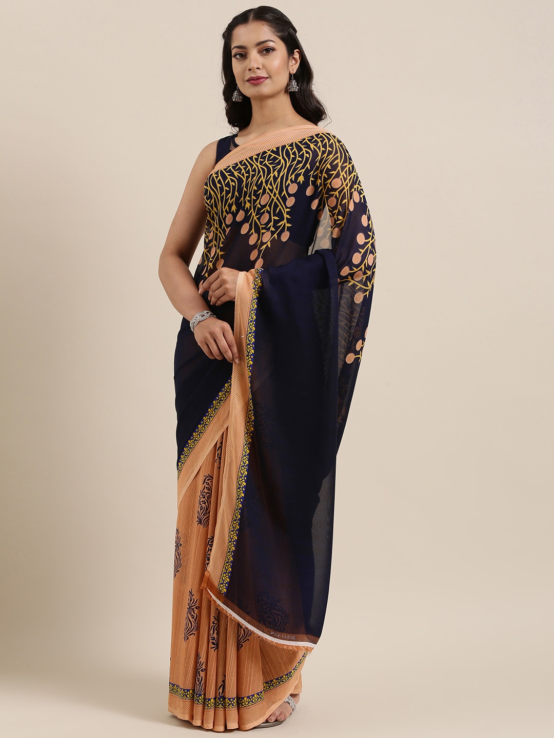 

ANAND SAREES Navy Blue & Beige Poly Georgette Printed Saree