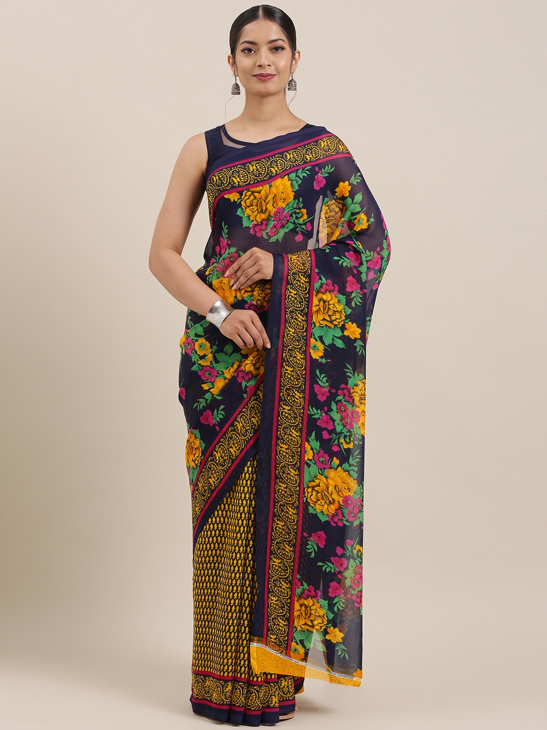 

ANAND SAREES Navy Blue & Mustard Yellow Poly Georgette Printed Saree