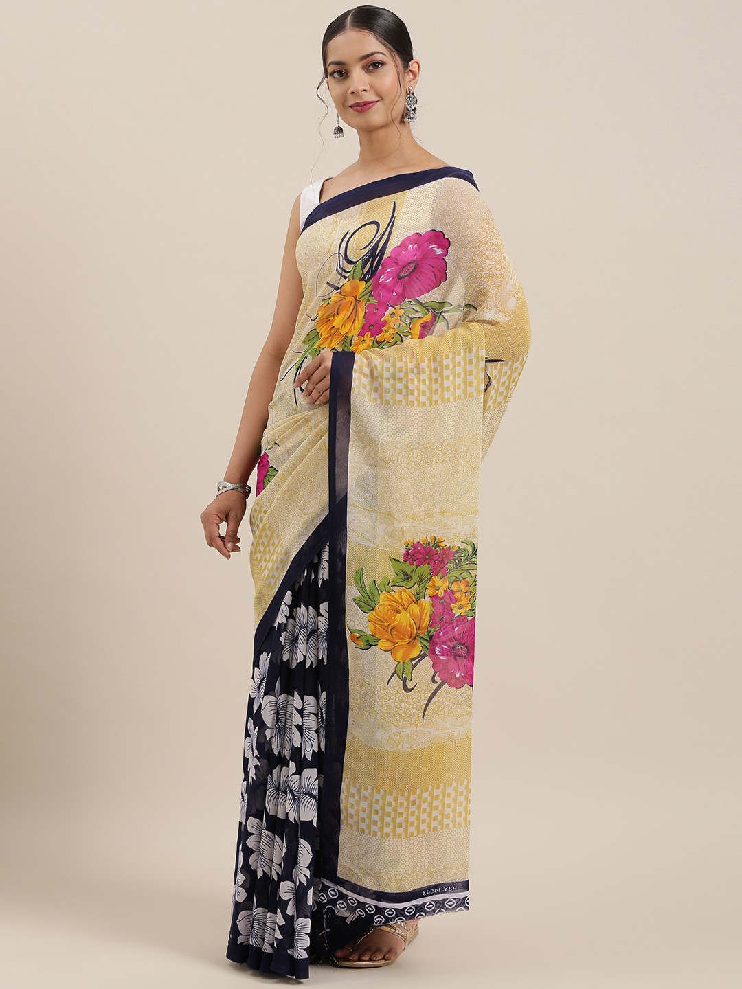 

ANAND SAREES Beige & Blue Poly Georgette Printed Saree