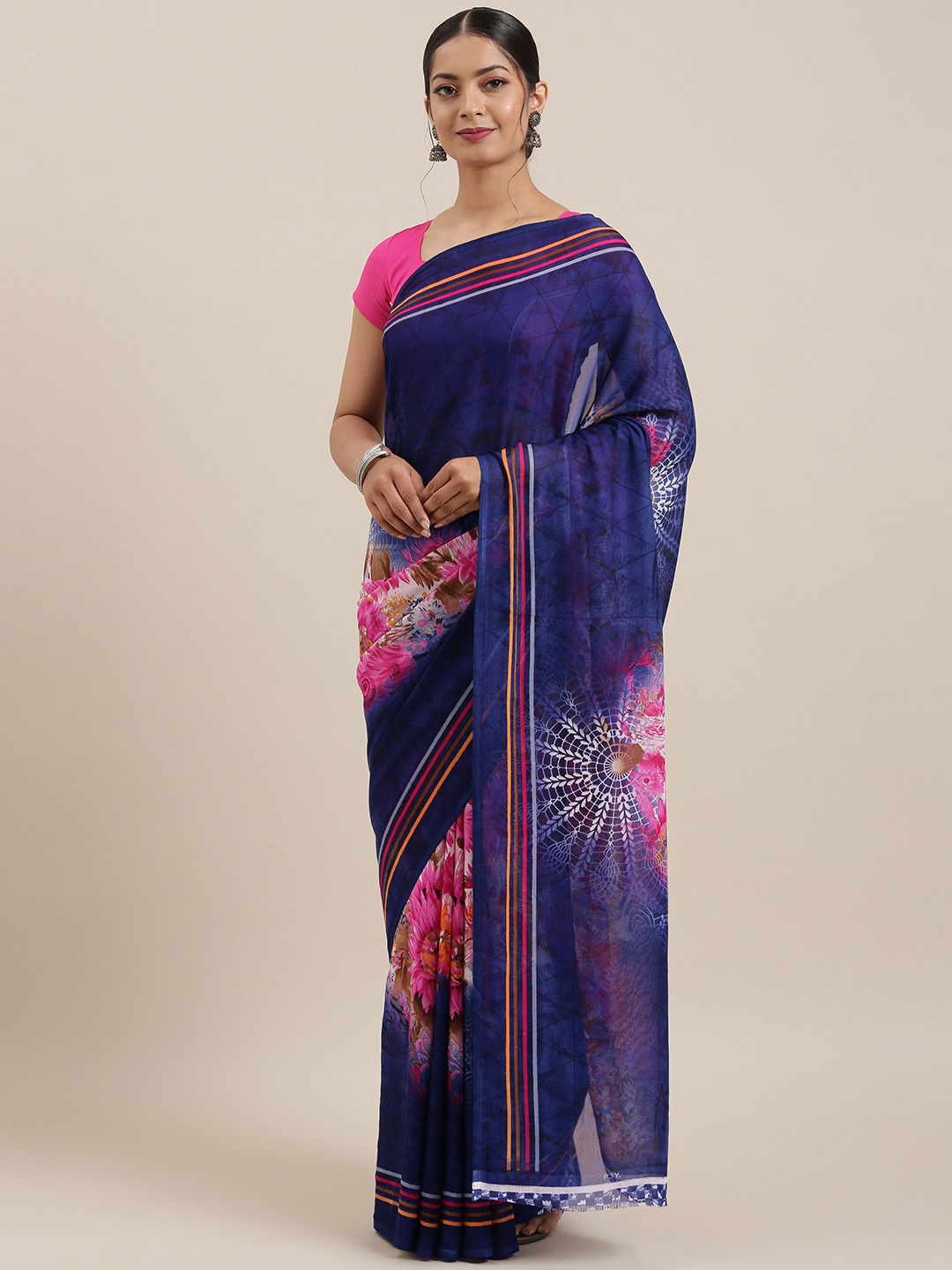 

Moda Rapido Navy Blue & Pink Poly Georgette Printed Saree