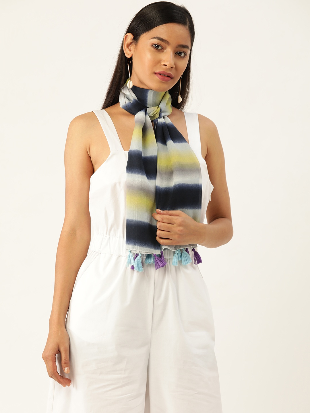 

Trend Arrest Women Navy Blue & Yellow Striped Scarf