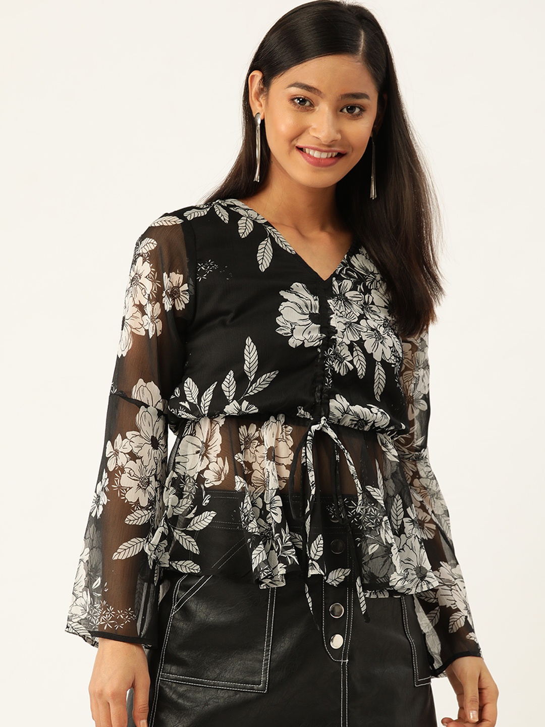 

Trend Arrest Black & White Floral Printed Semi-Sheer Cinched Waist Top