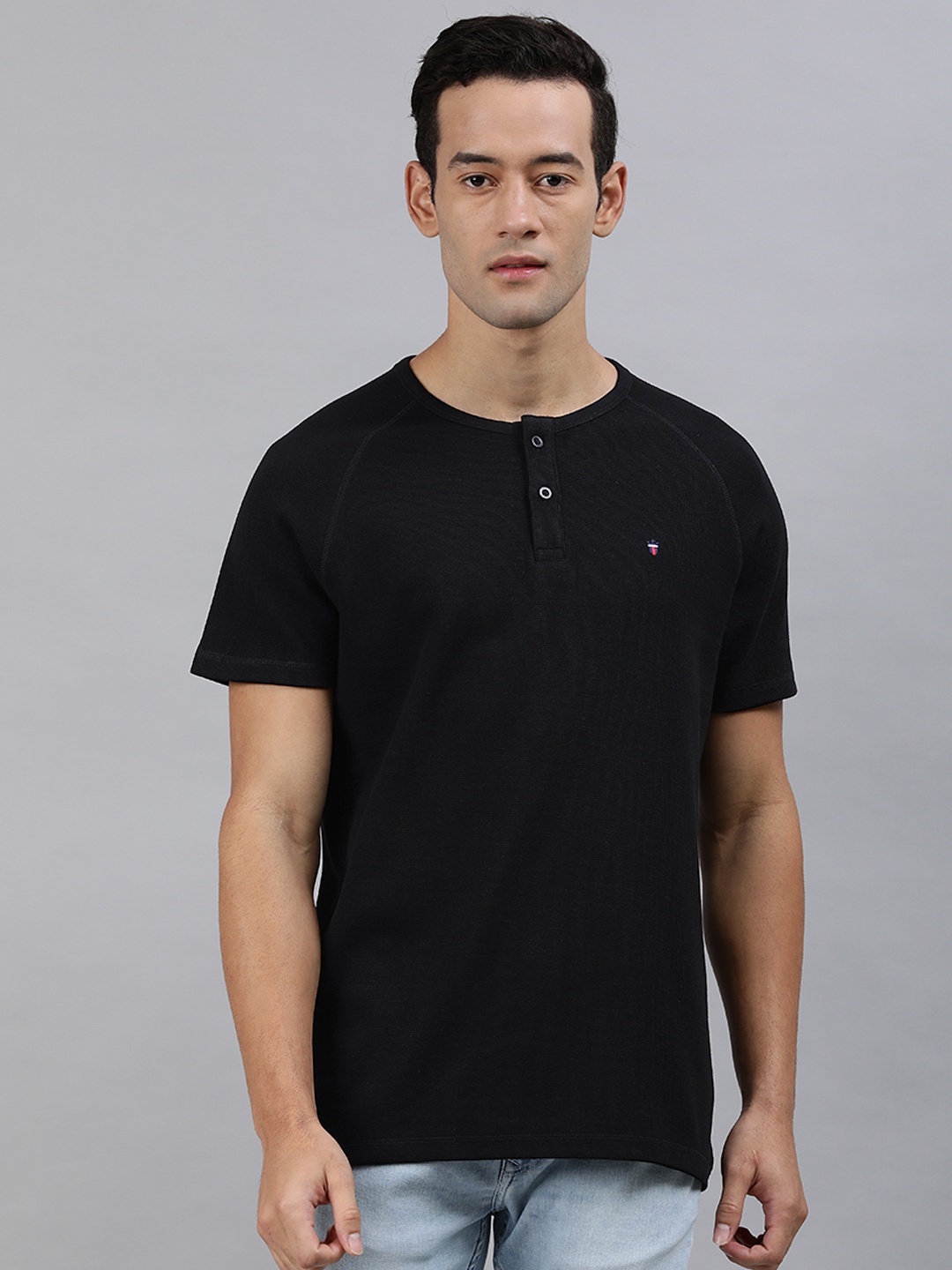 

Louis Philippe Jeans Men Black Solid Henley Neck Pure Cotton T-shirt