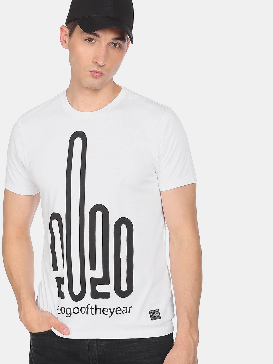 

Flying Machine Men White Black Printed Round Neck Cotton Pure Cotton T-shirt