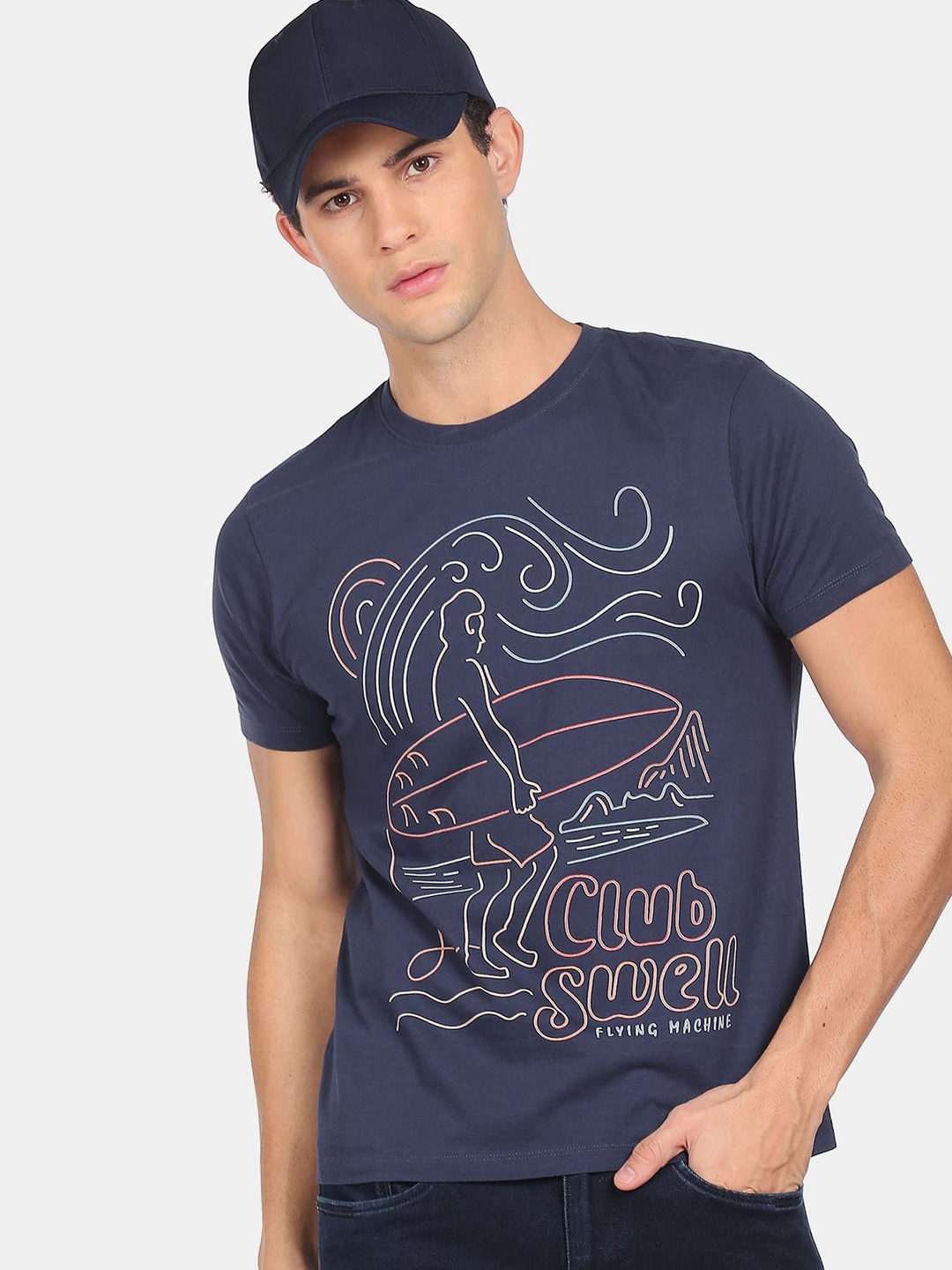 

Flying Machine Men Navy Blue White Printed Round Neck Cotton Pure Cotton T-shirt