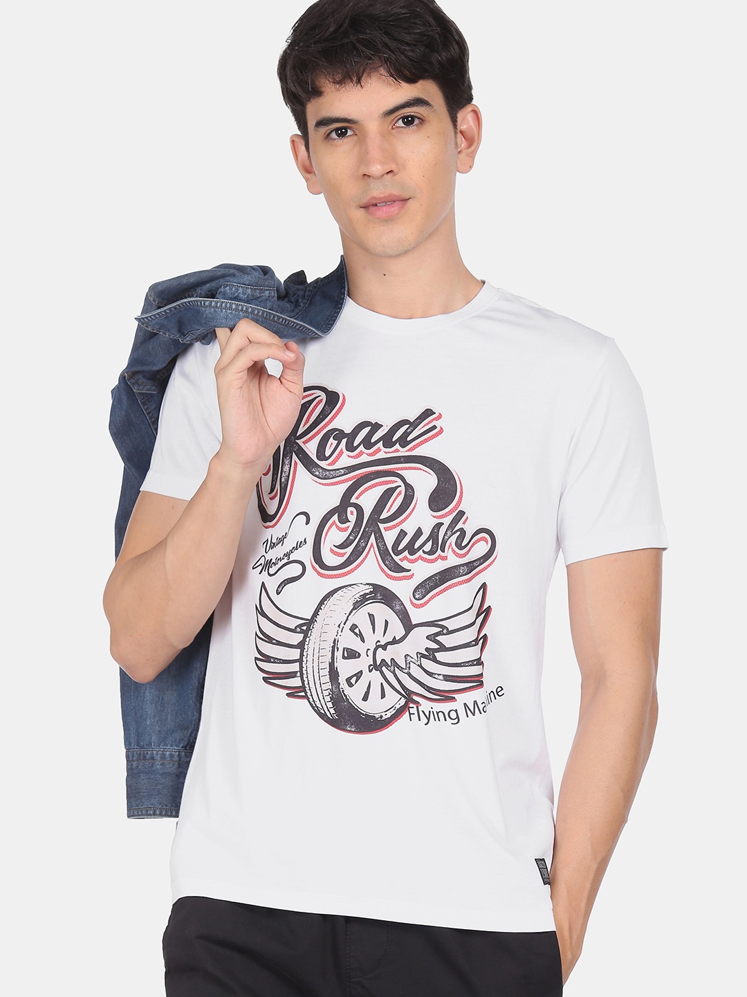 

Flying Machine Men White Black Printed Round Neck Cotton Pure Cotton T-shirt