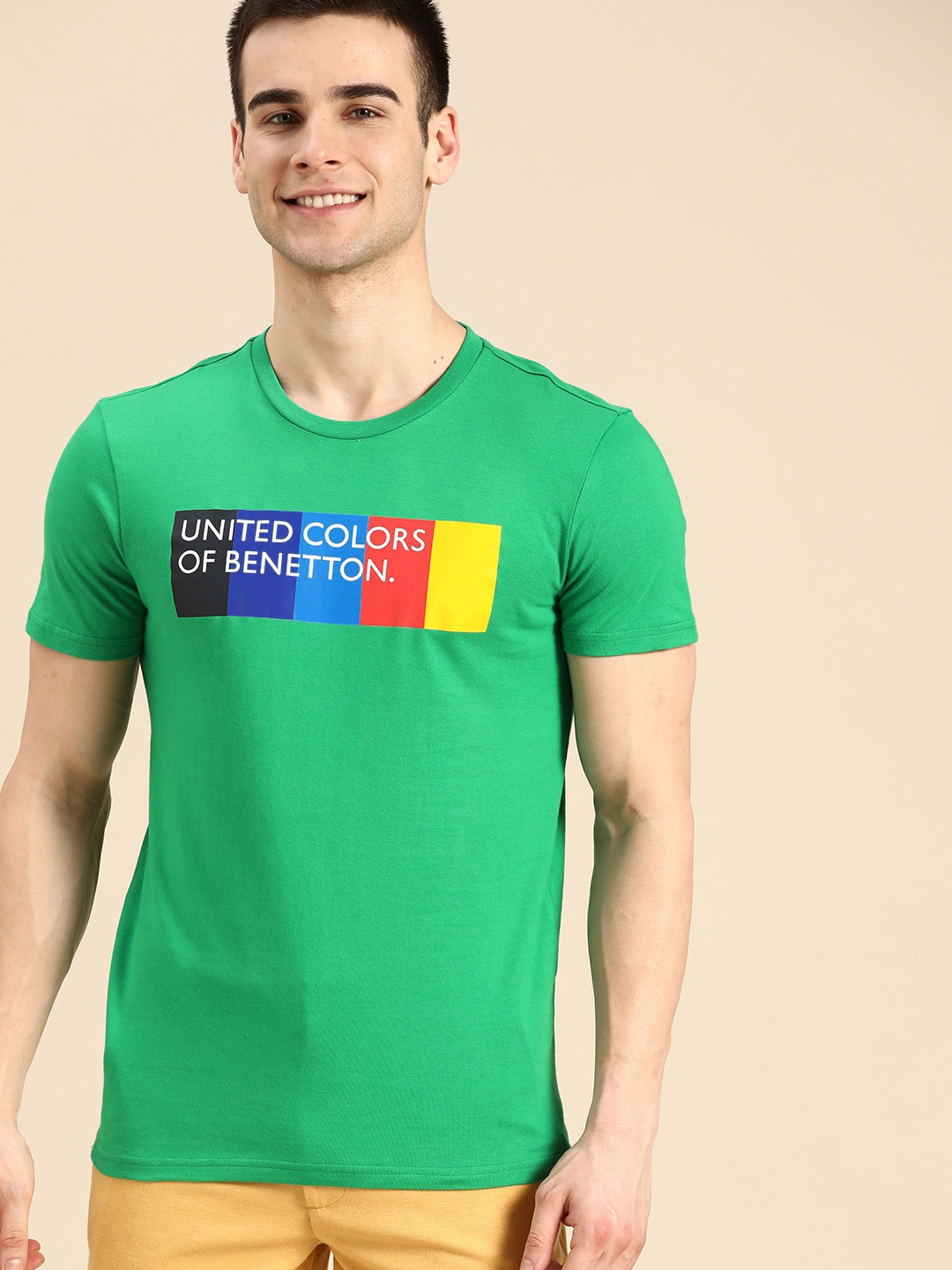 

United Colors of Benetton Men Green & White Printed Round Neck Cotton T-shirt