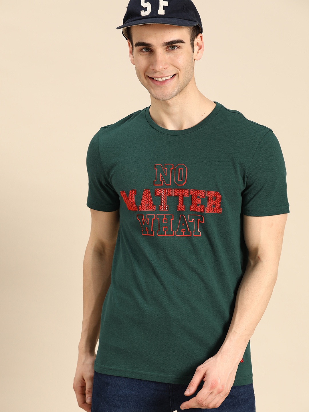 

United Colors of Benetton Men Green & Orange Printed Round Neck Cotton T-shirt