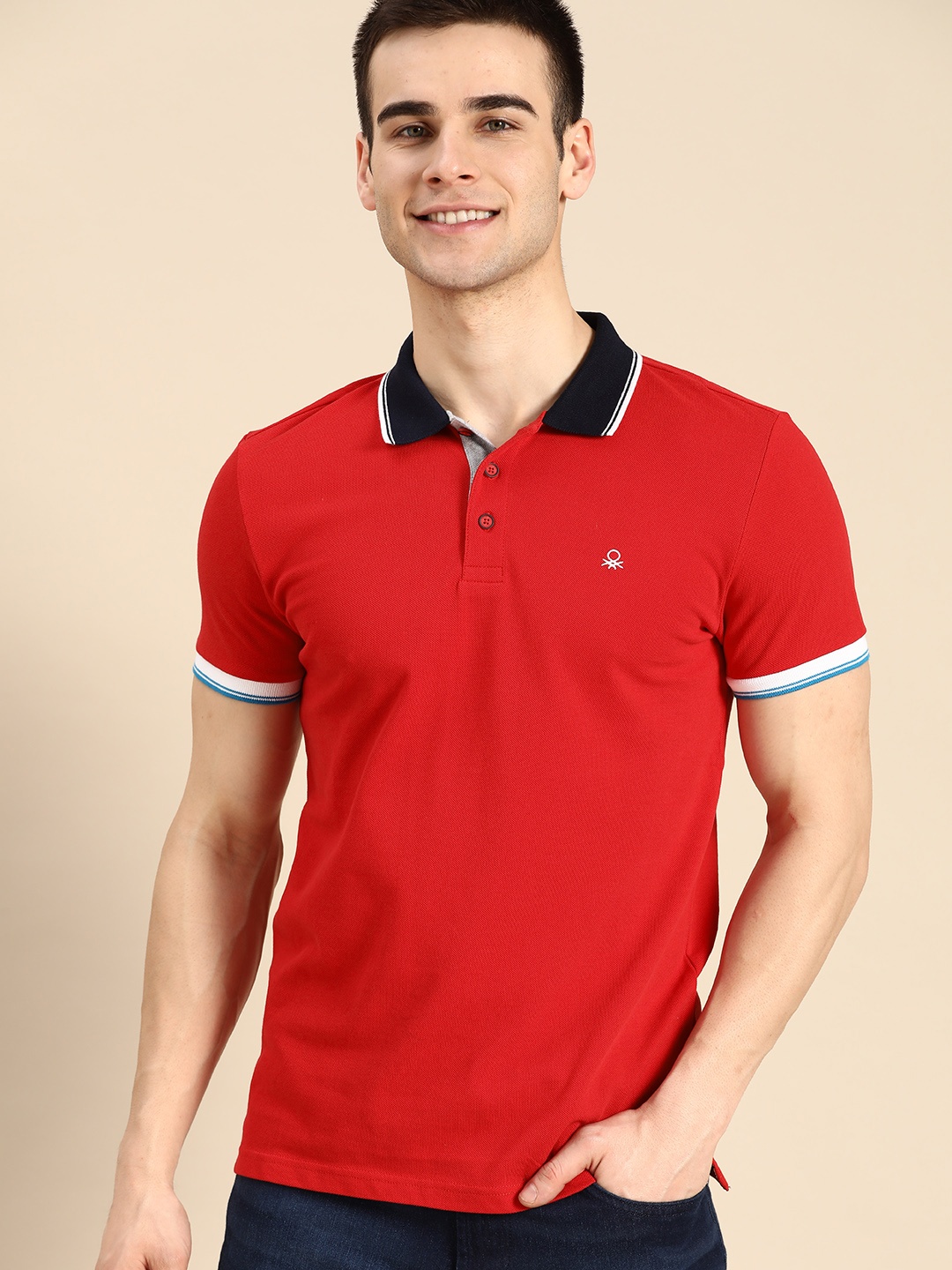

United Colors of Benetton Men Red Solid Polo Collar Cotton T-shirt