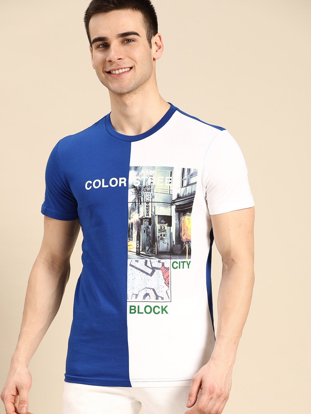 

United Colors of Benetton Men Blue & White Printed Round Neck T-shirt