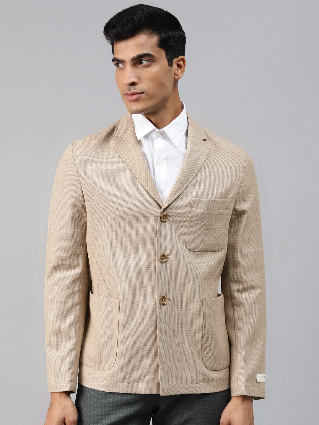 

Blackberrys Men Beige & Brown Self-Design Single-Breasted Slim Fit Blazer