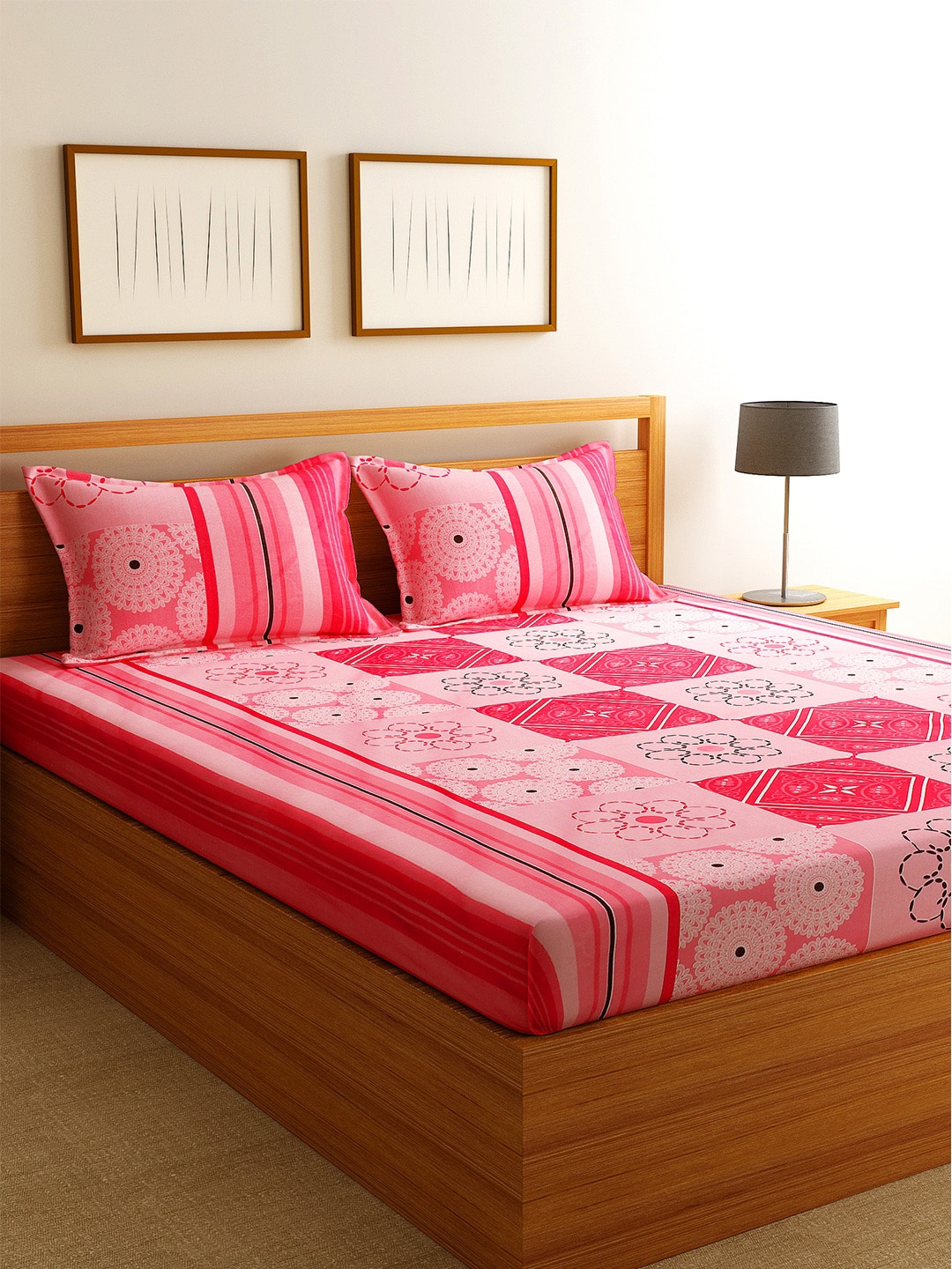 

Florida Pink & Black Ethnic Motifs 144 TC Polycotton 1 King Bedsheet with 2 Pillow Covers