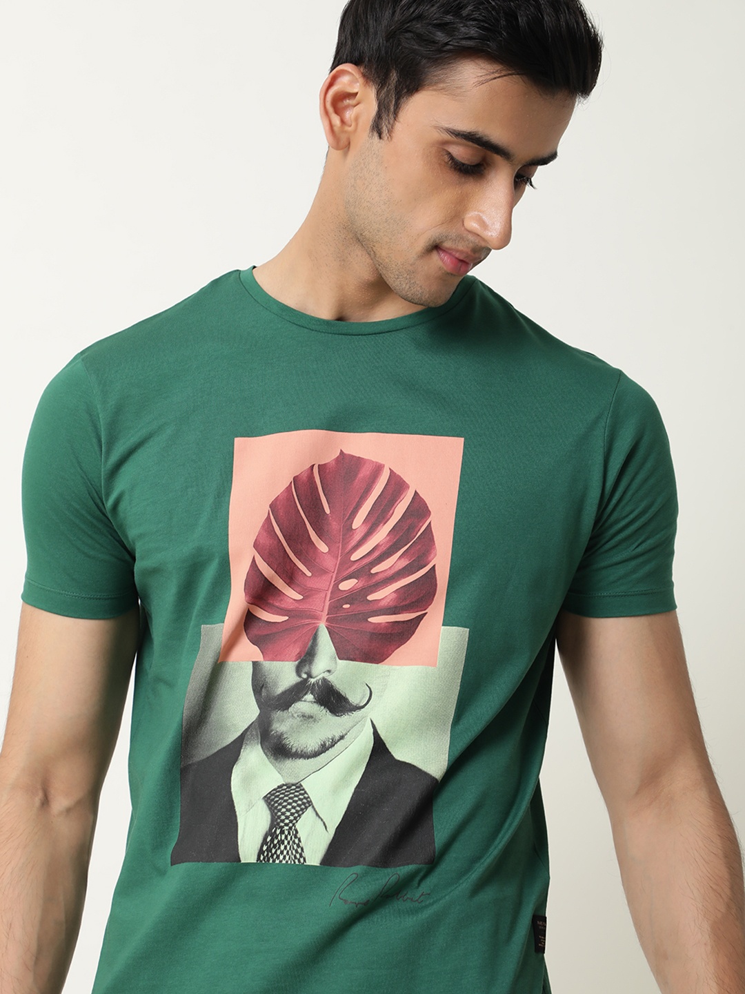 

RARE RABBIT Men Monclear-2 Slim Fit Printed Round Neck T-Shirt, Green