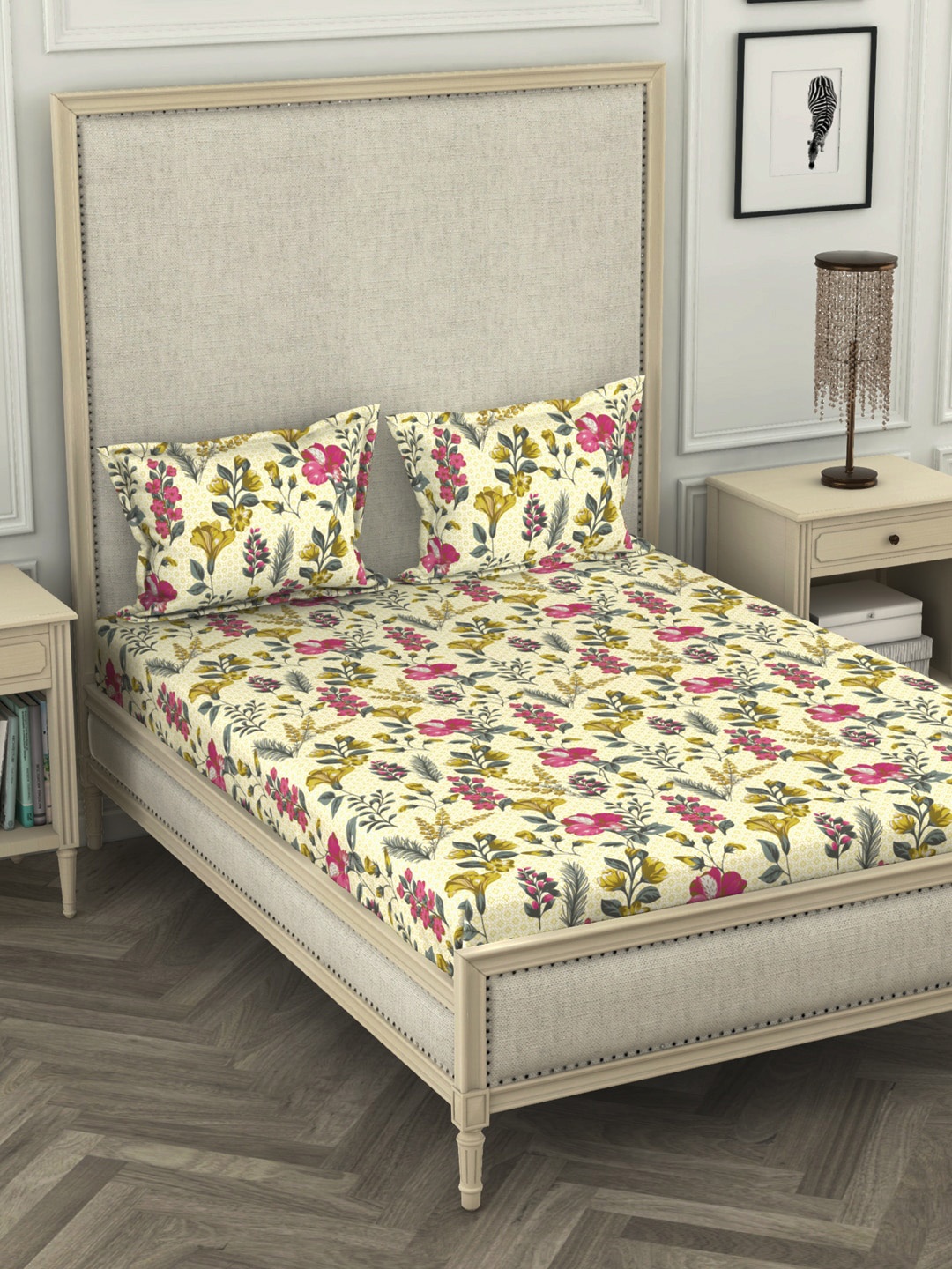 

BIANCA White & Yellow Floral 110 TC Cotton 1 King Bedsheet with 2 Pillow Covers