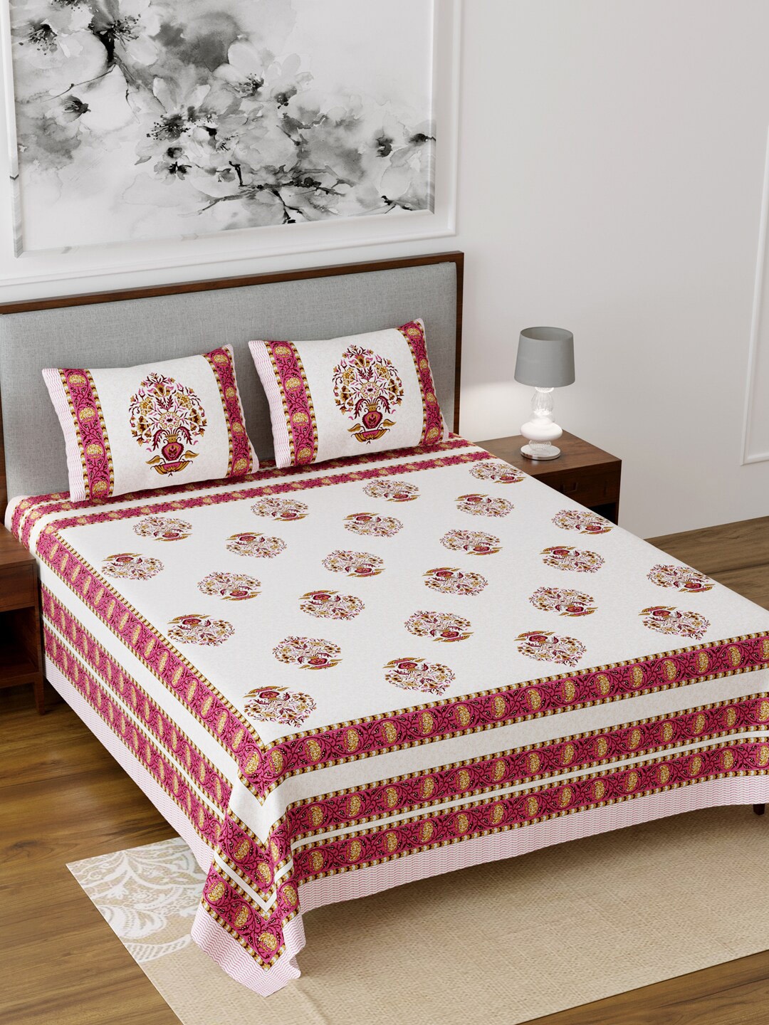 

Salona Bichona White & Magenta Ethnic Motifs 120 TC Cotton 1 King Bedsheet with 2 Pillow Covers