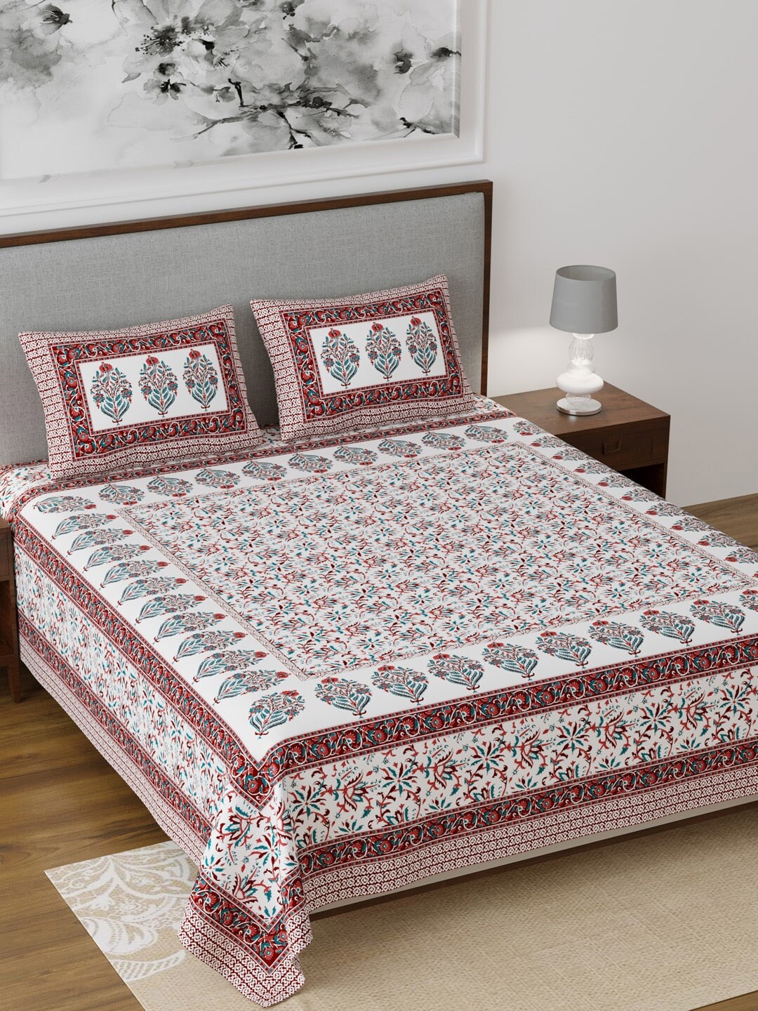 

Salona Bichona White & Teal Ethnic Motifs 120 TC Cotton 1 King Bedsheet with 2 Pillow Covers