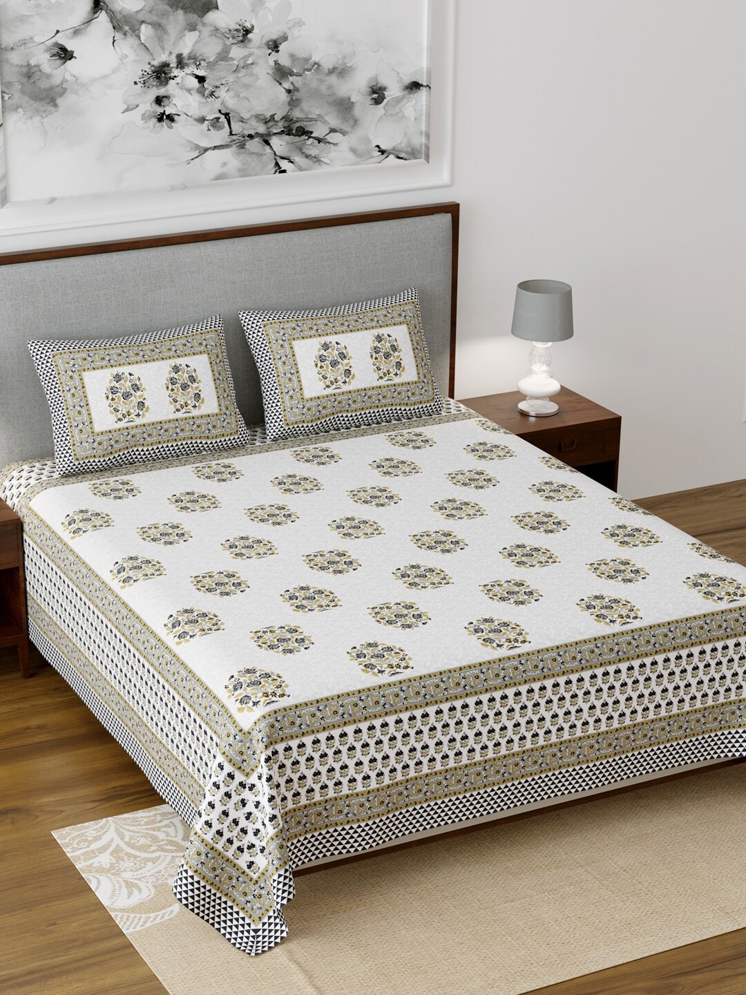 

Salona Bichona Grey & Olive Green Ethnic Motifs 120 TC Cotton 1 King Bedsheet with 2 Pillow Covers