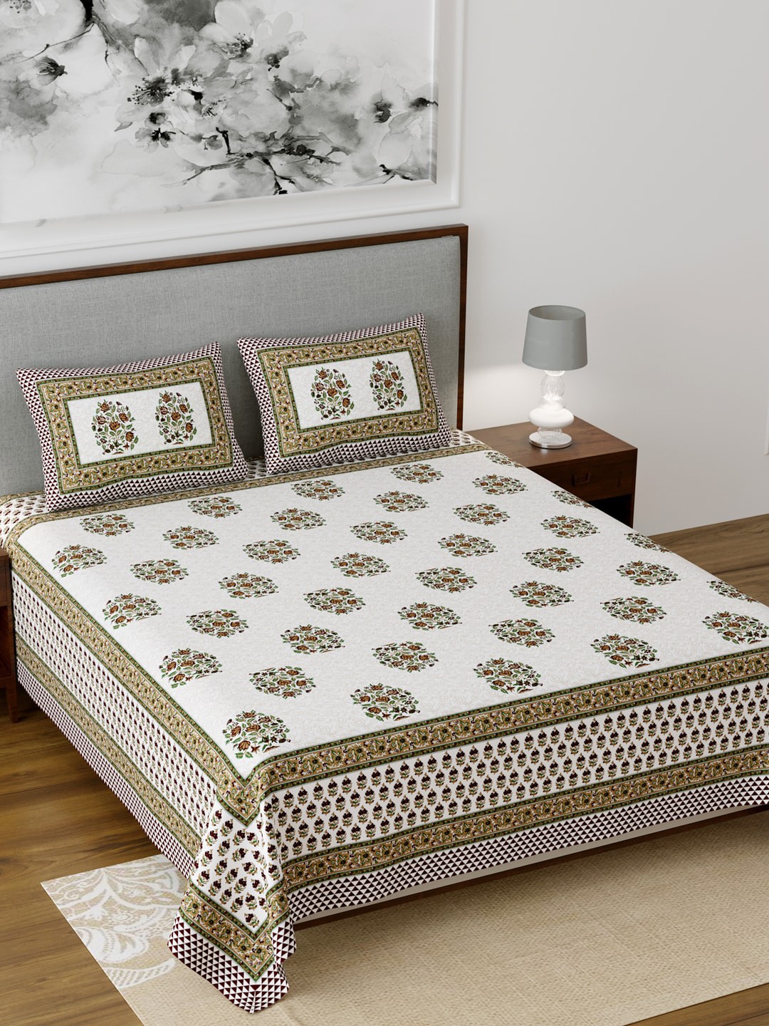 

Salona Bichona White Jaipuri Print 120 TC Cotton 1 King Bedsheet with 2 Pillow Covers