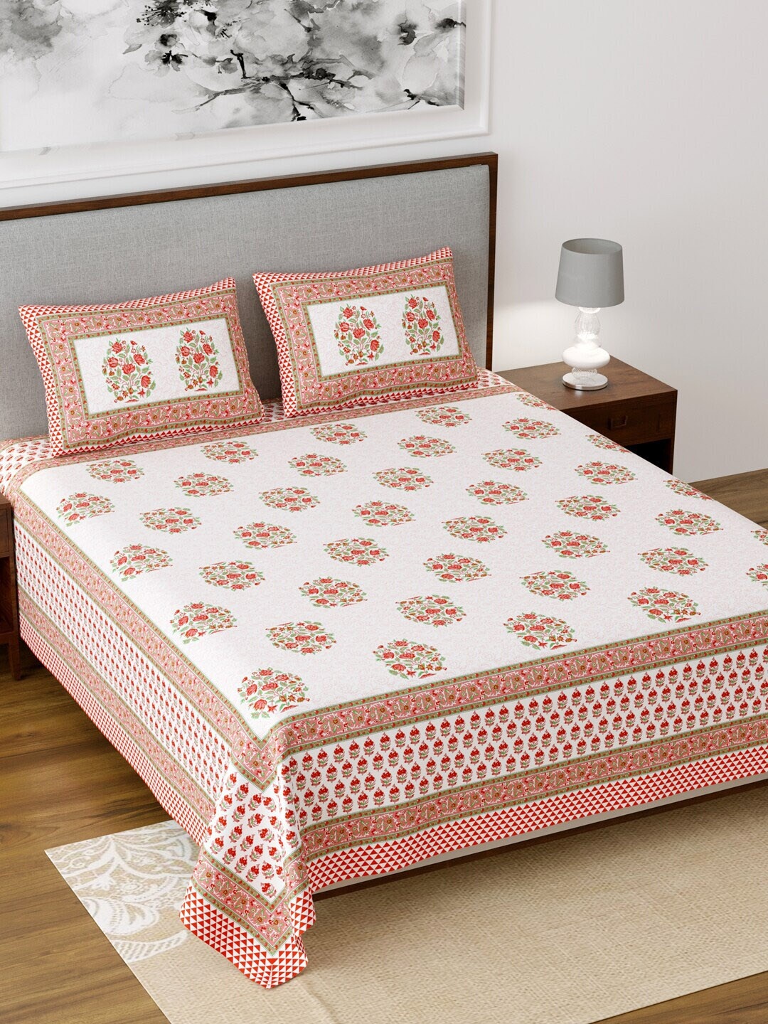 

Salona Bichona White & Pink Ethnic Motifs 120 TC Cotton 1 King Bedsheet with 2 Pillow Covers