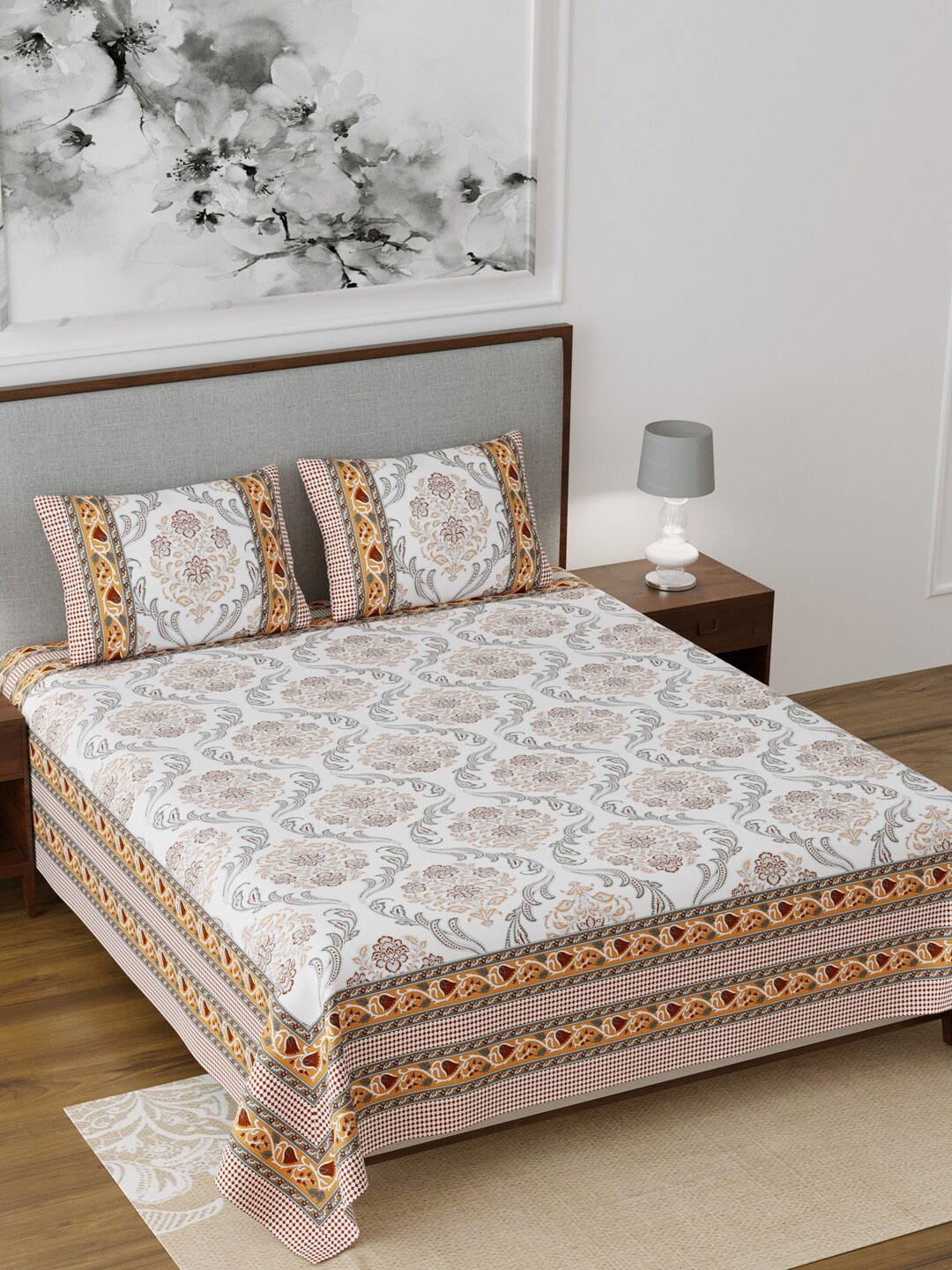 

Salona Bichona White & Yellow Ethnic Motifs 120 TC Cotton 1 King Bedsheet with 2 Pillow Covers