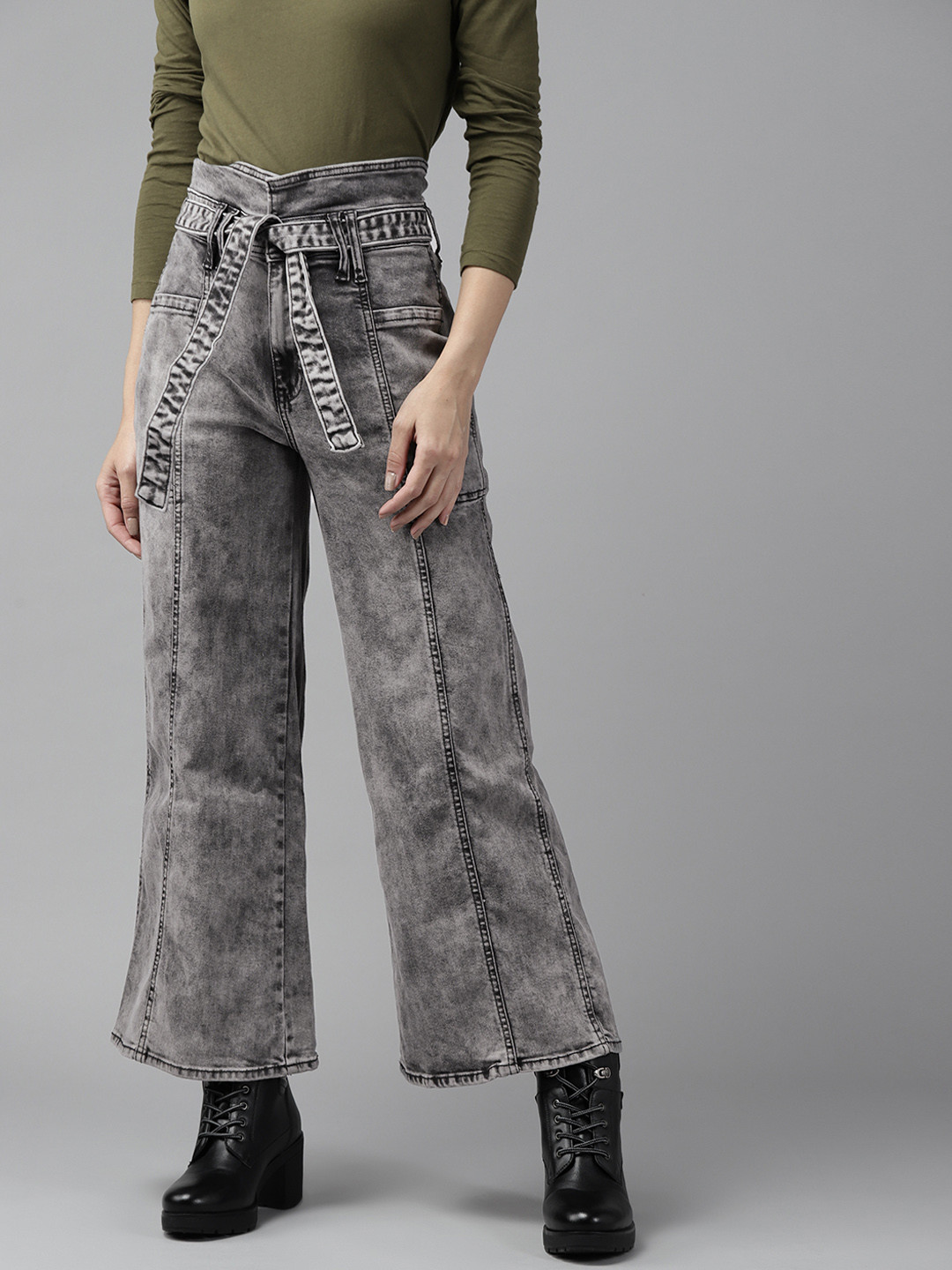 

Roadster Women Charcoal Grey Wide Leg Light Fade Stretchable Jeans