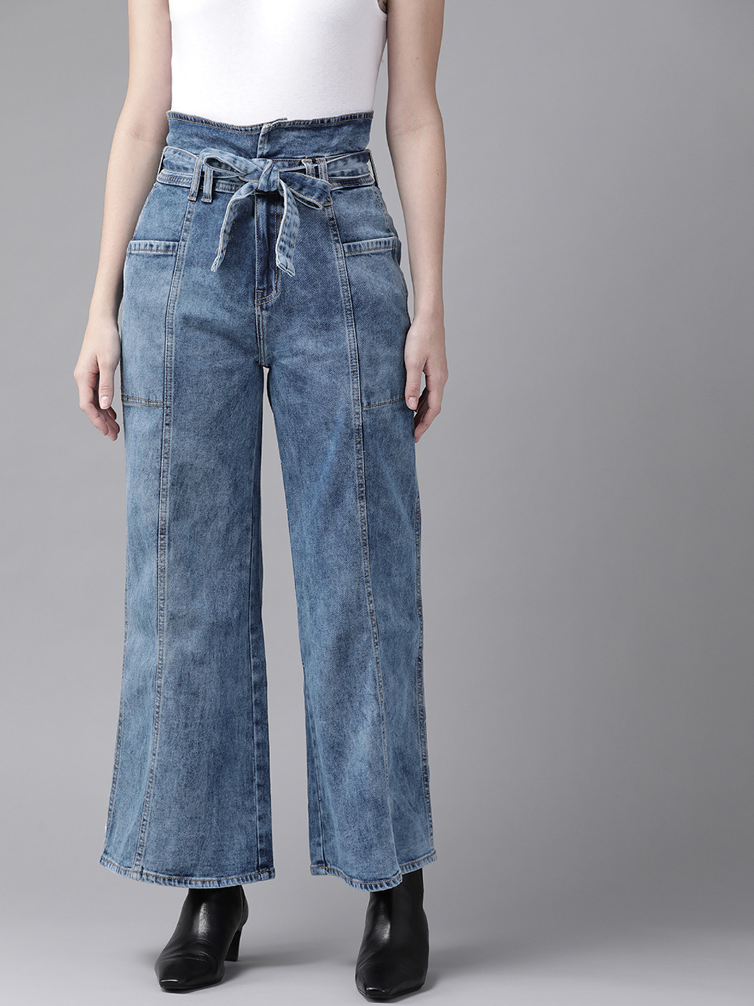 

Roadster Women Blue Wide Leg High-Rise Acid Wash Stretchable Jeans with Belt