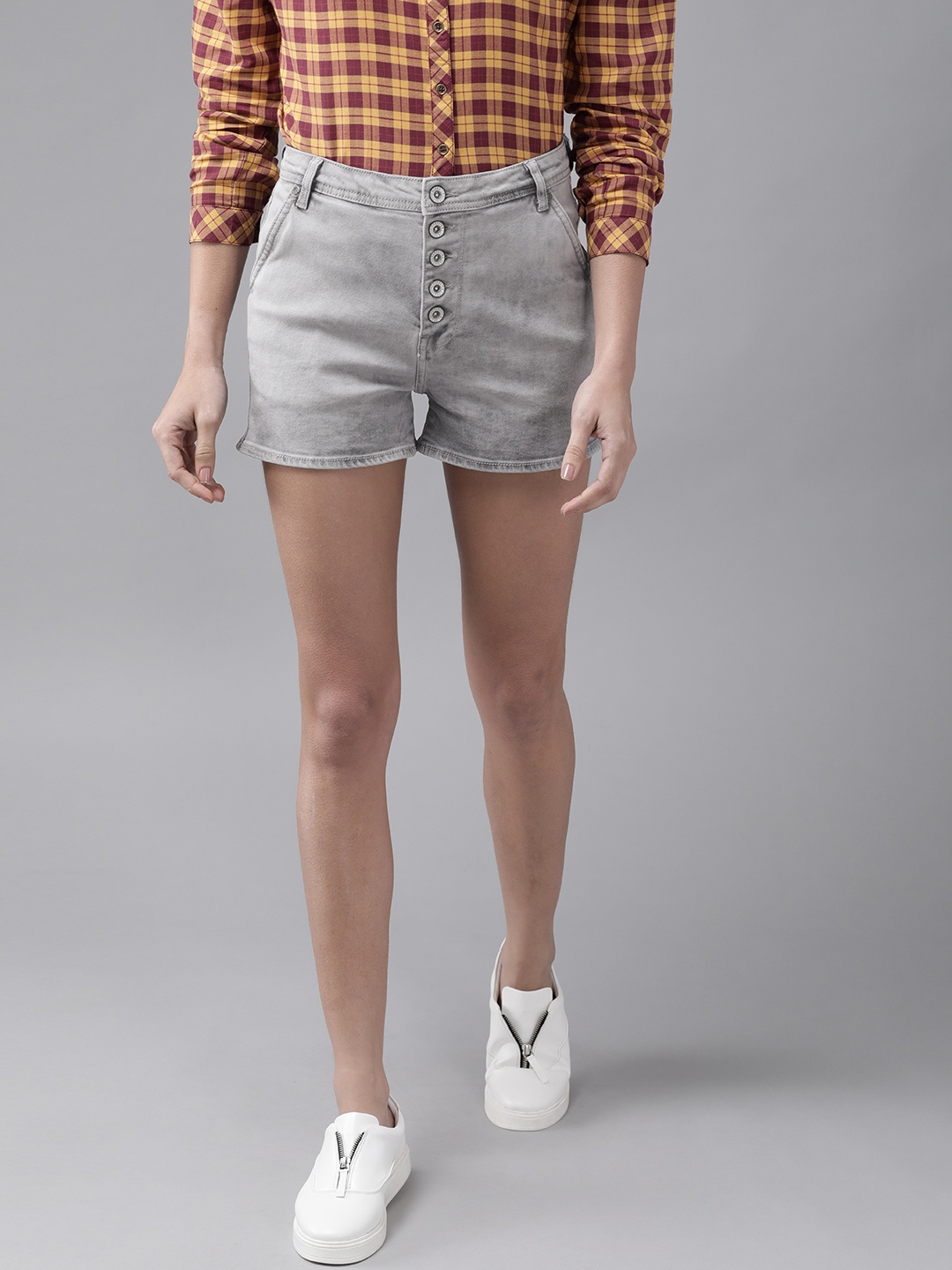 

Roadster Women Grey Stone Washed Straight Fit Denim Shorts