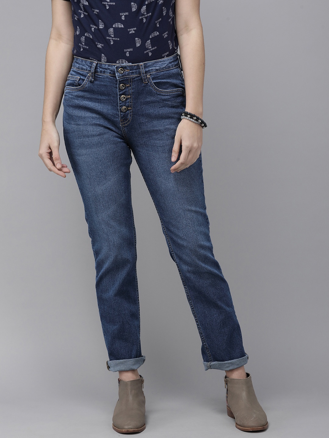 

Roadster Women Blue Straight Fit High-Rise Light Fade Stretchable Jeans