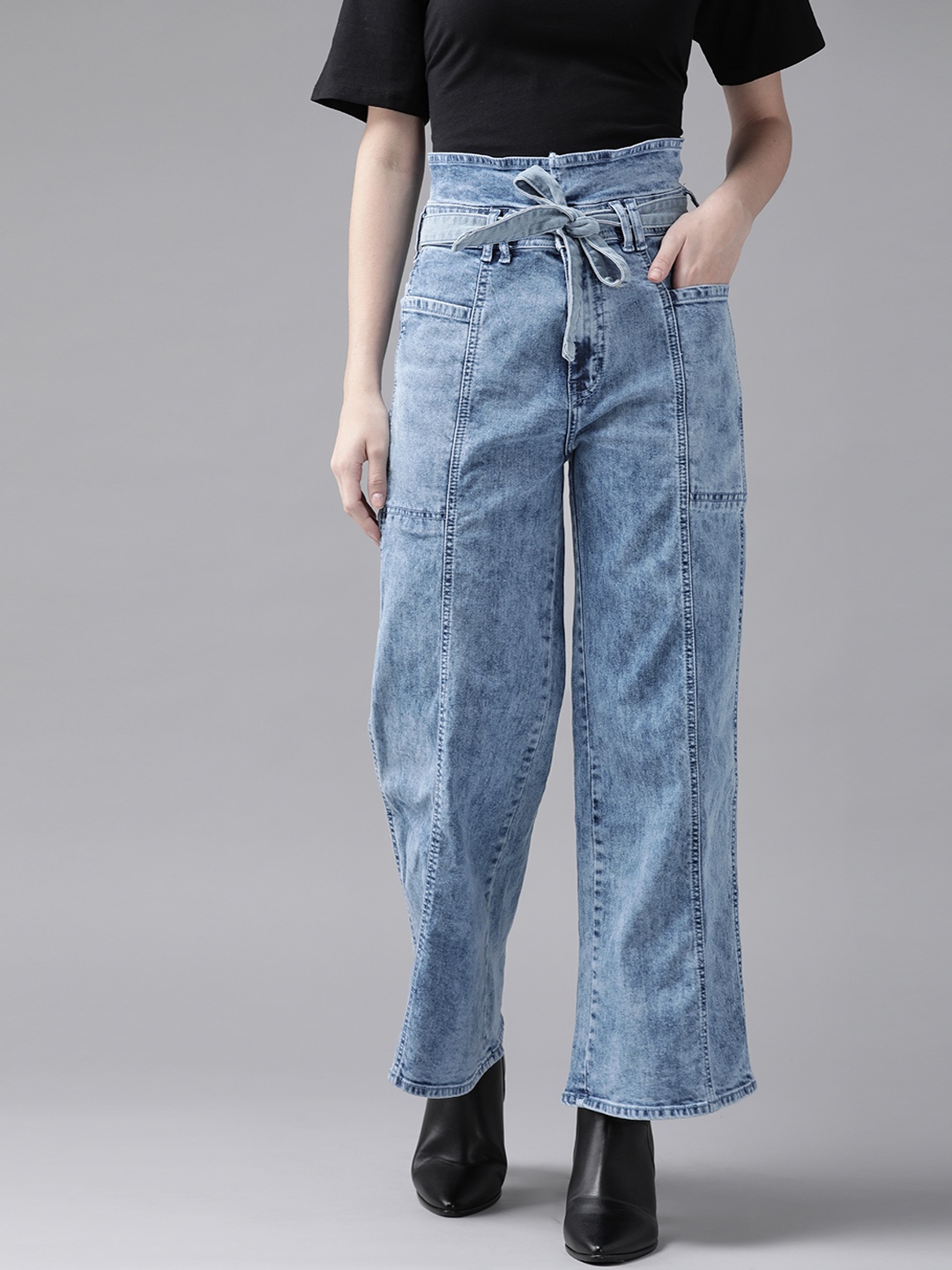 

Roadster Women Blue Wide Leg High-Rise Acid Wash Stretchable Jeans with Belt
