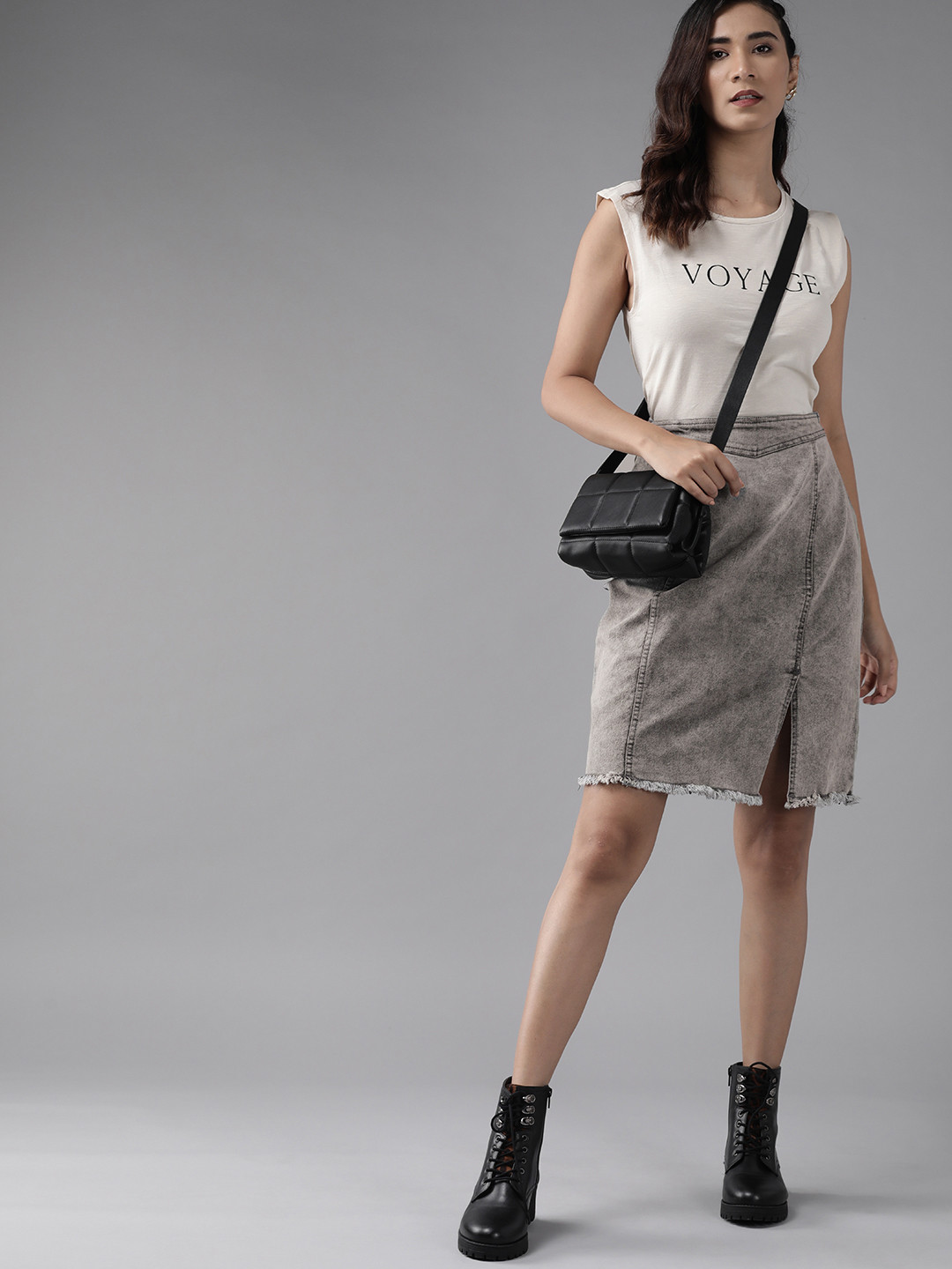 

Roadster Women Grey Washed Asymmetric Slit Denim Pencil Skirt