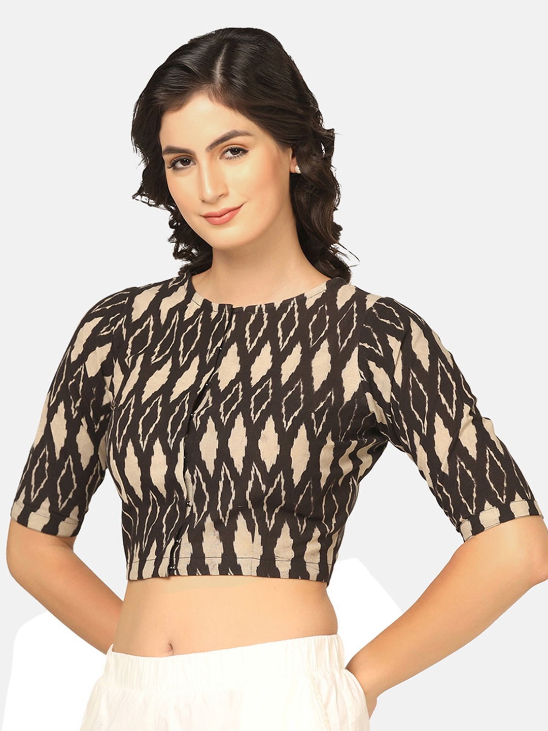 

THE WEAVE TRAVELLER Women Black & Beige Hand Block Printed Readymade Sustainable Saree Blouse