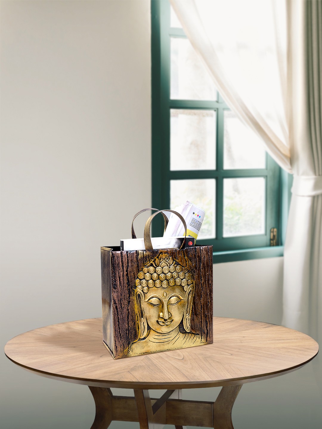 

Golden Peacock Brown & Gold-Toned Buddha Table Top Square Shaped Magazine BookCase Holder