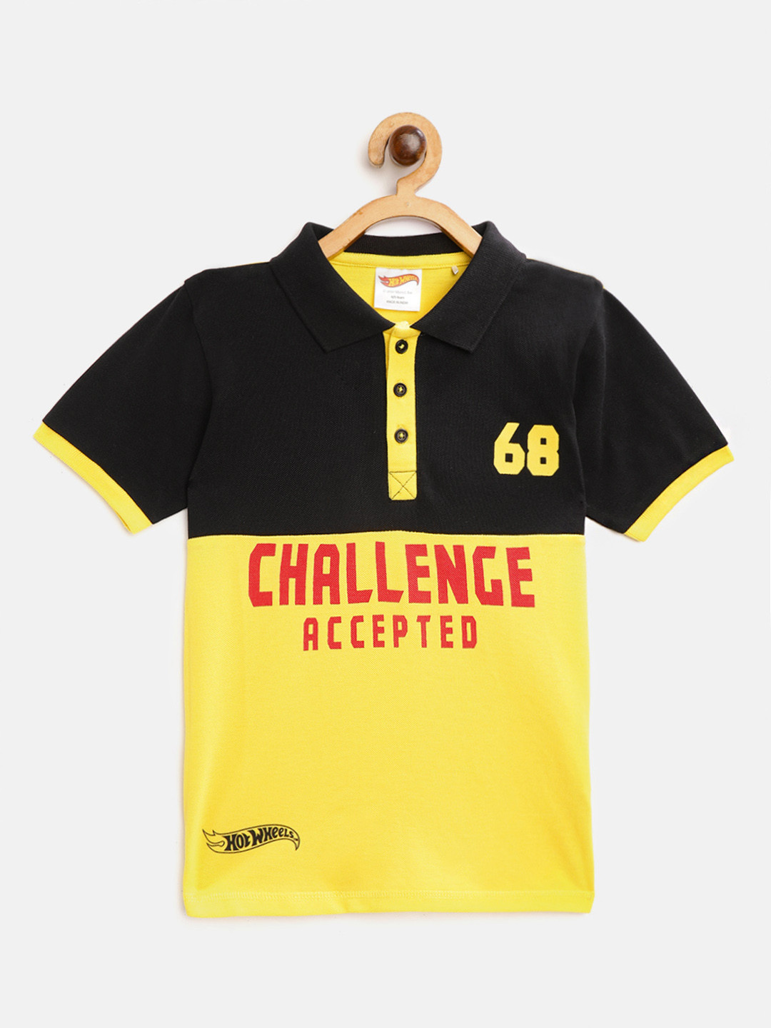 

toothless Boys Yellow & Black Hot Wheels Polo Collar Cotton T-shirt with Printed Detail