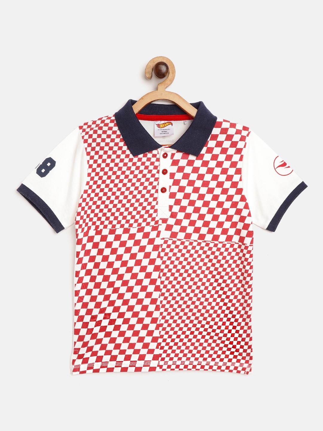 

toothless Boys Red & White Hot Wheels Checked Polo Collar Cotton T-shirt