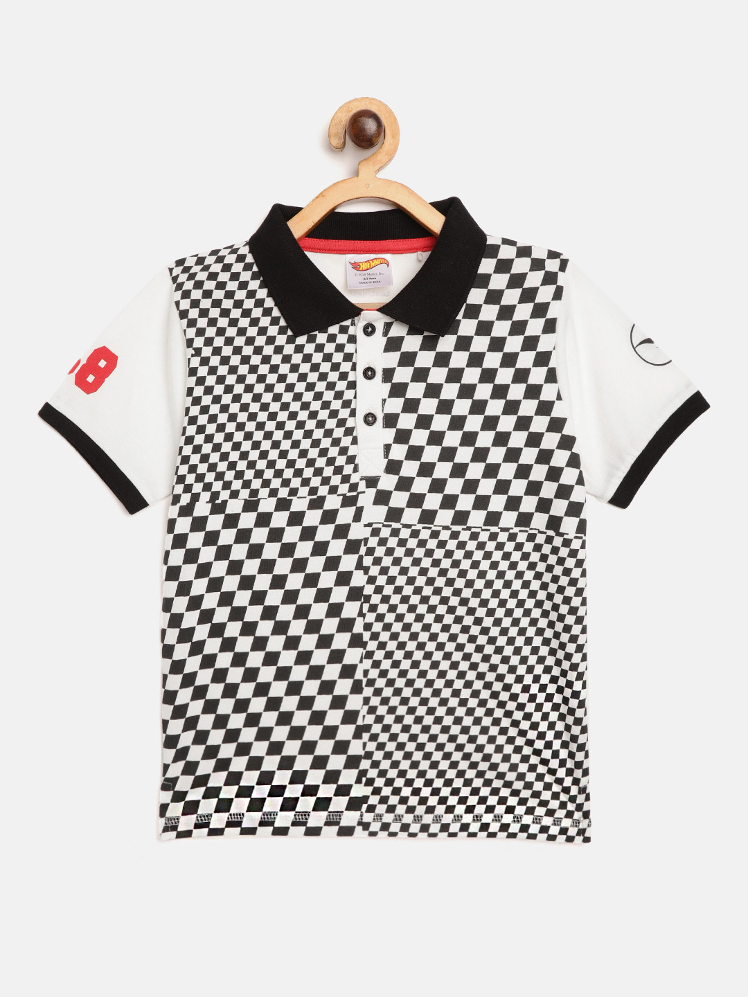 

toothless Boys White & Black Hot Wheels Checked Polo Collar Cotton T-shirt